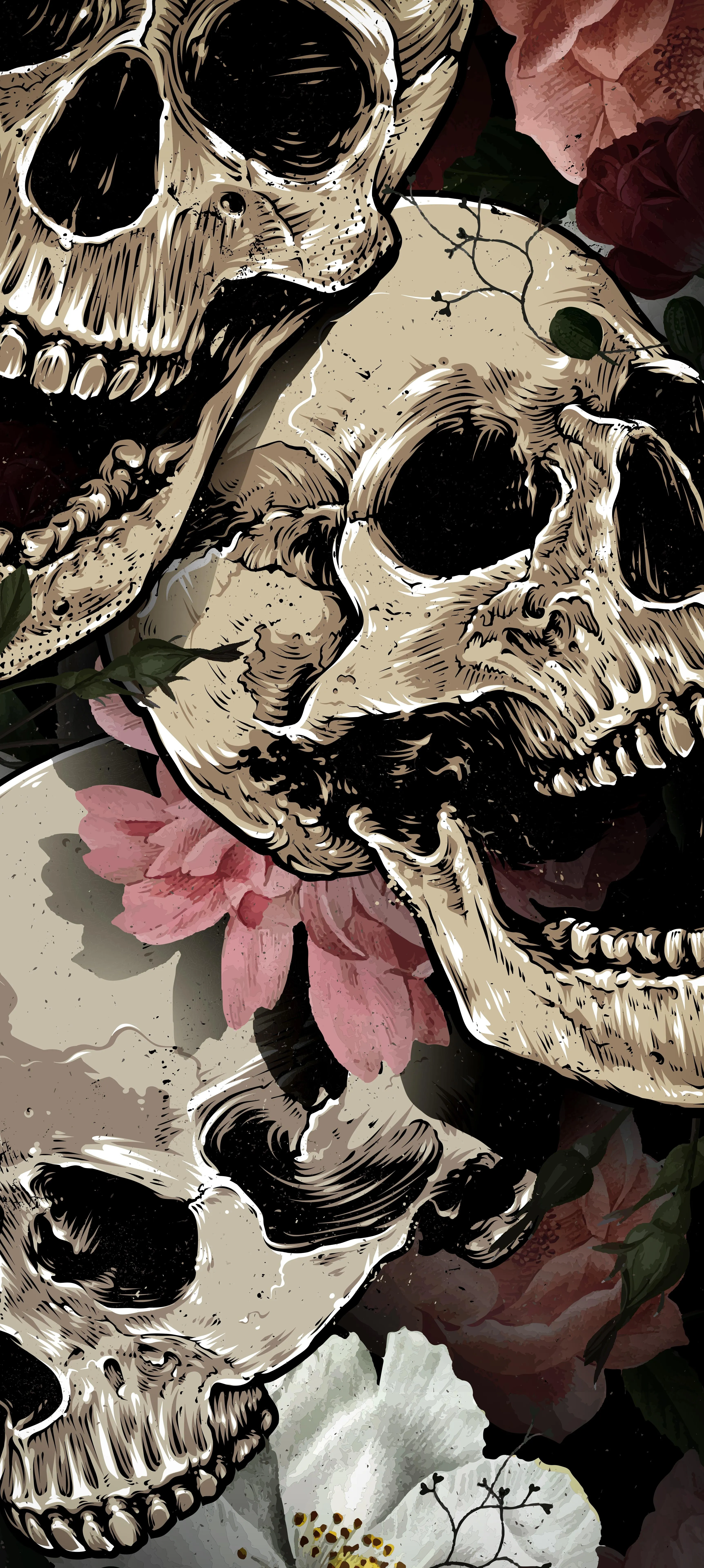 Pattern of Skulls with Floral Elements in Dark Theme