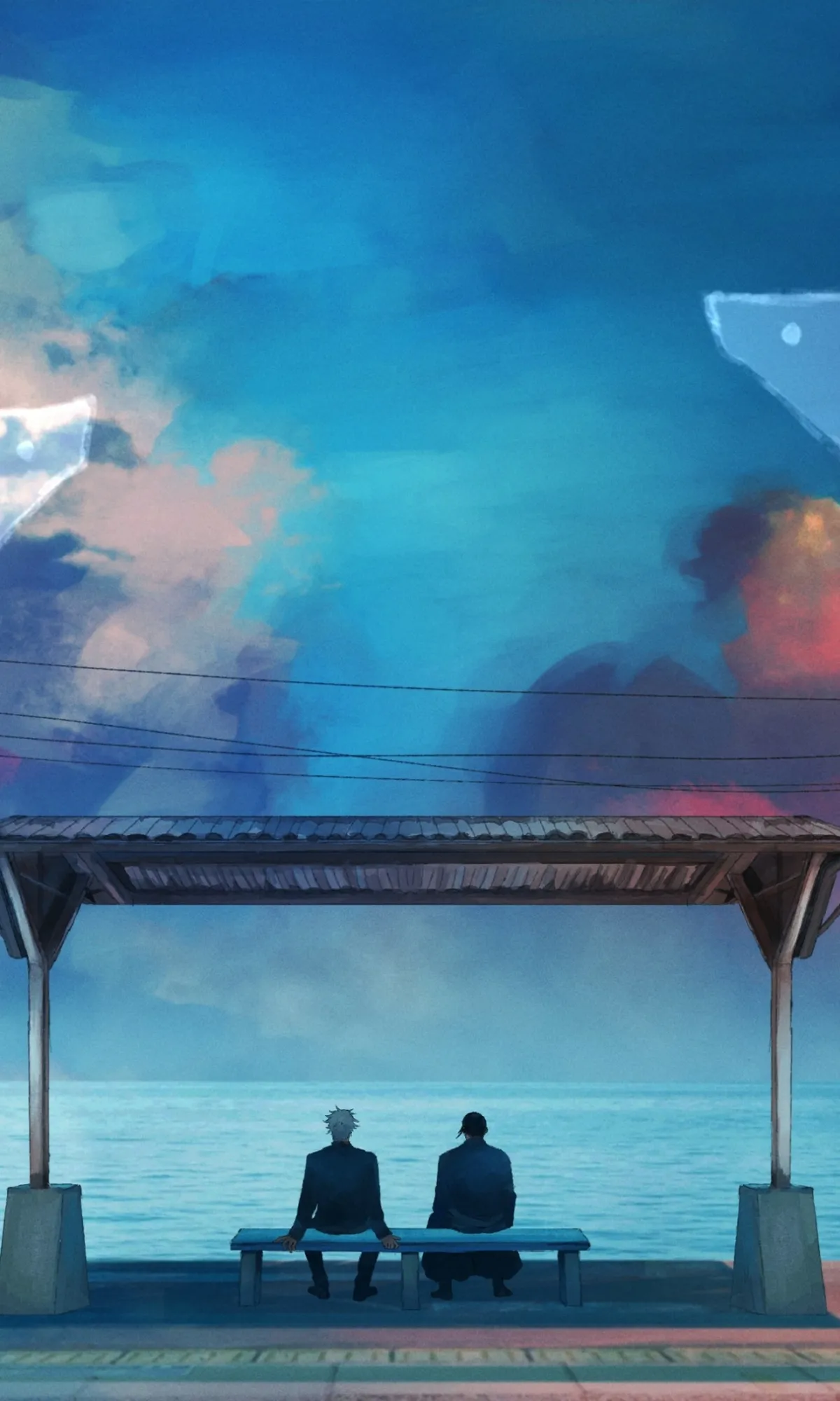 Peaceful Anime Scene of Two Friends by the Seaside