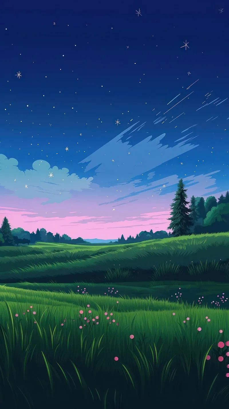 Peaceful Grassy Hillside Stretching Under a Starry Sky