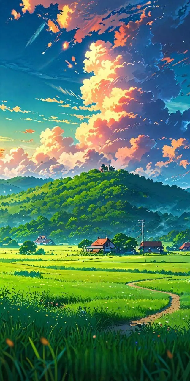 Peaceful Green Field Under Bright Cloudy Sky Wallpaper