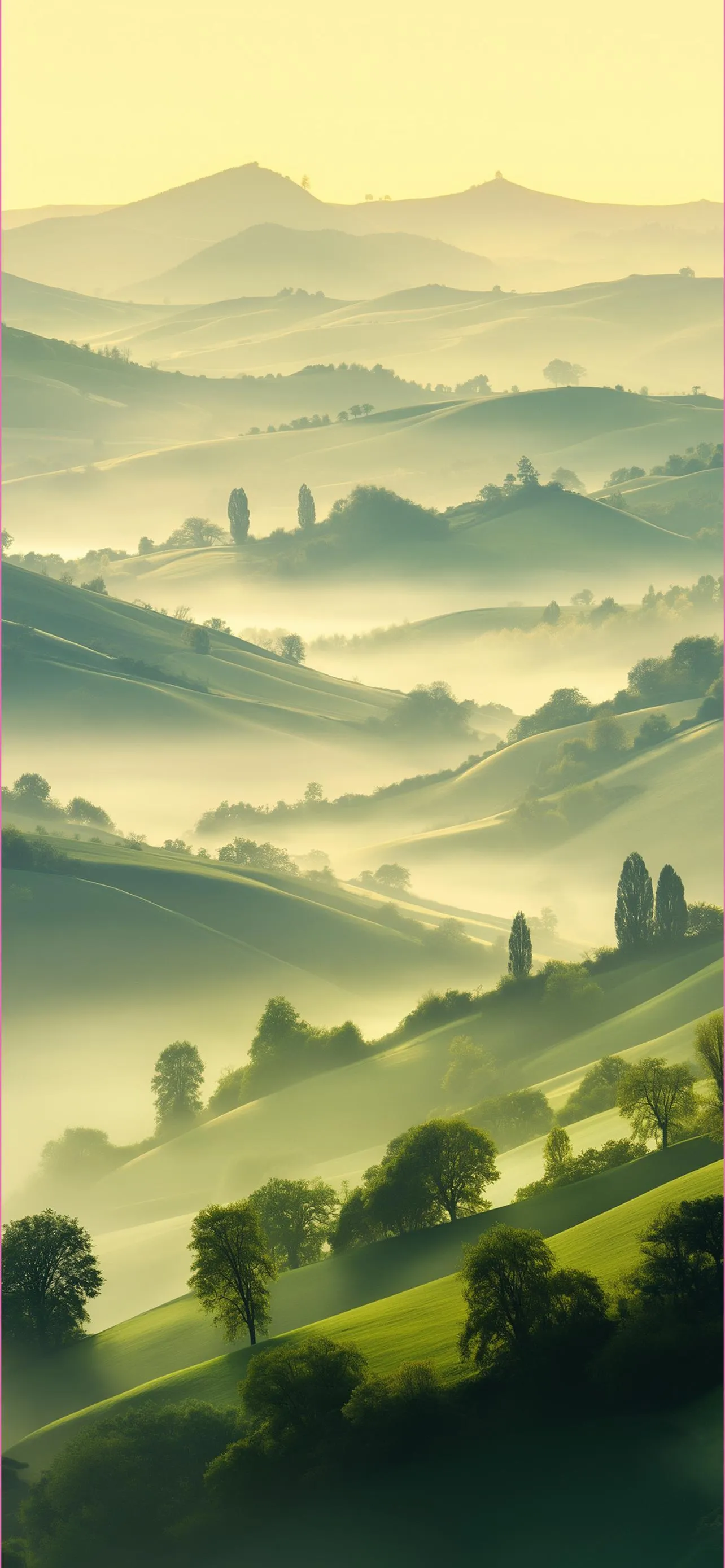 Peaceful Green Hills With Misty Morning Sunlight Wallpaper