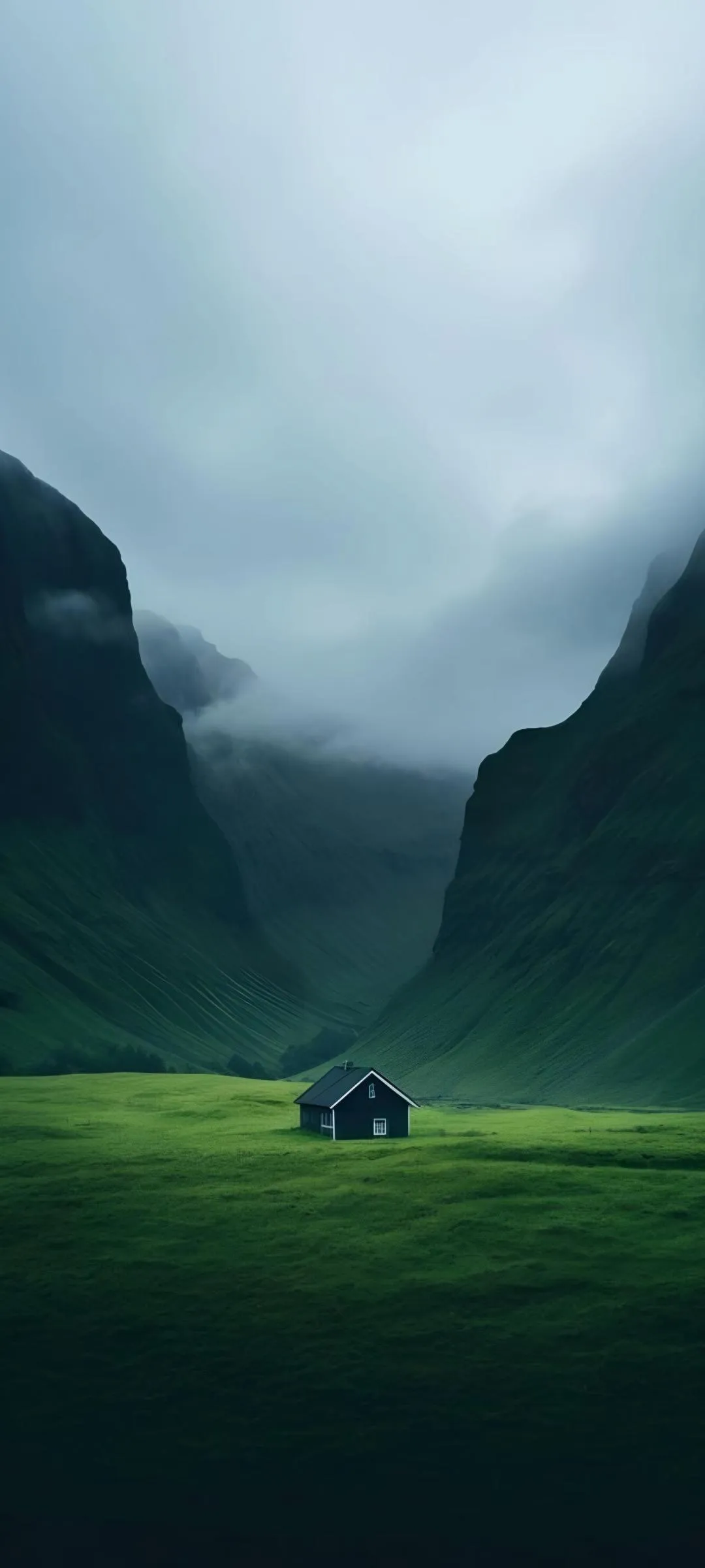 Peaceful Green Valley with Misty Mountain View Wallpaper