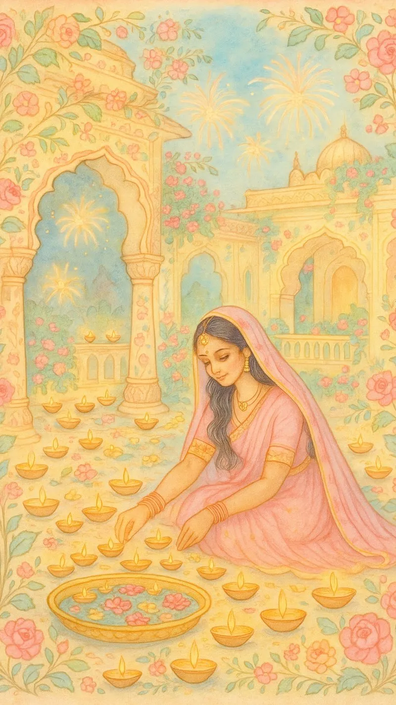 Peaceful Lady Sitting in Warm Golden Temple Background