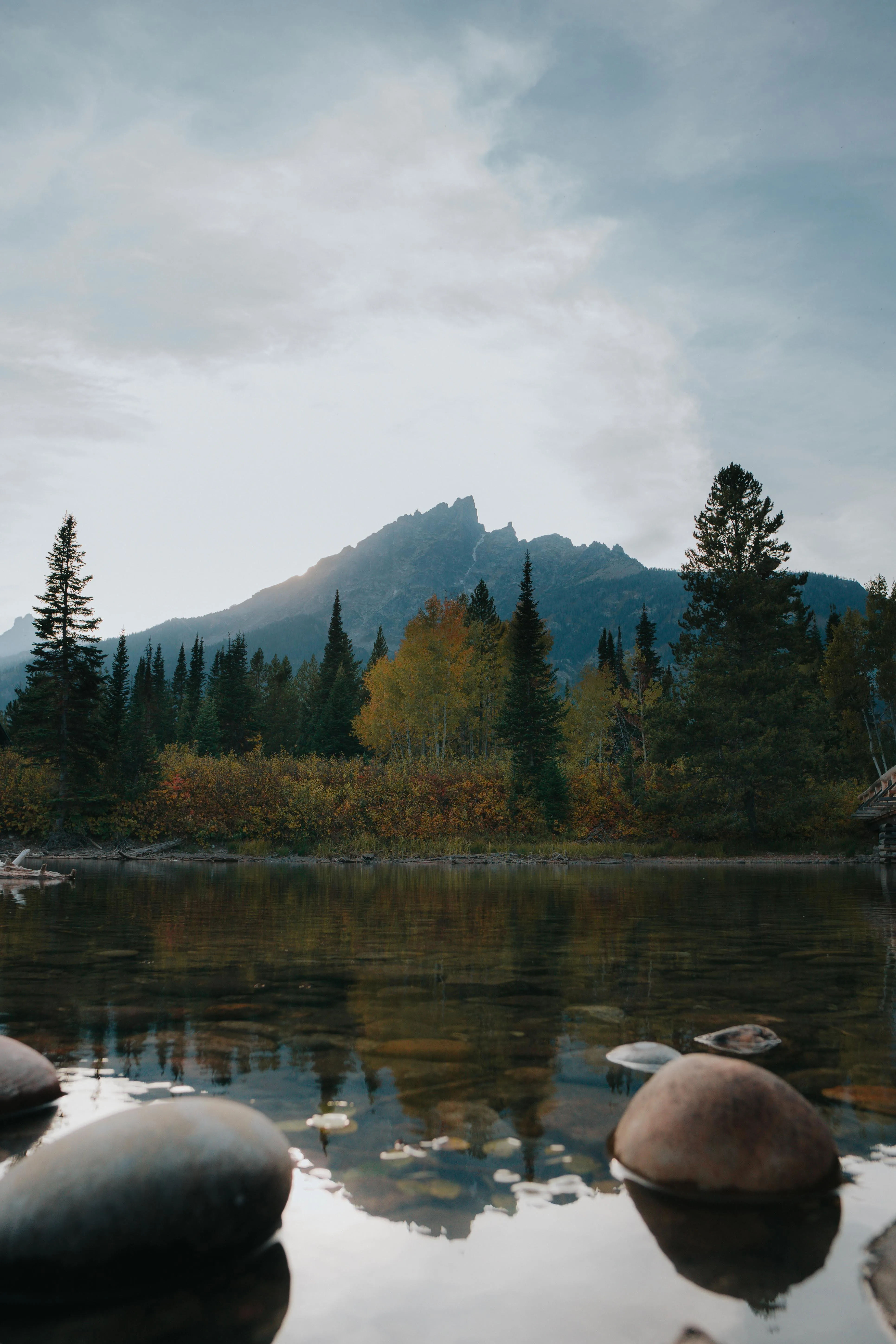 Peaceful Lakeside View Surrounded by Distant Mountains