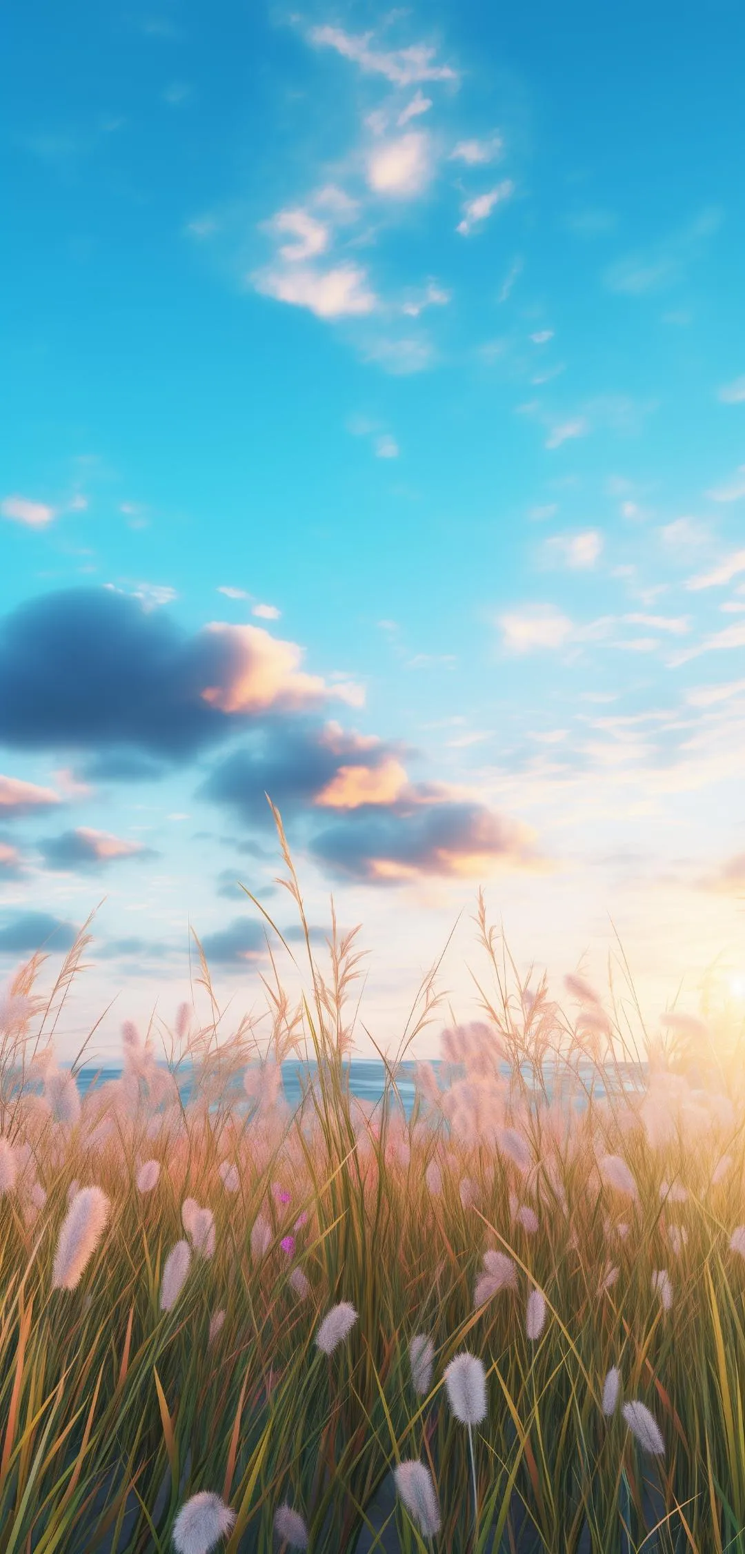 Peaceful Meadow with Blue Sky and Soft White Clouds