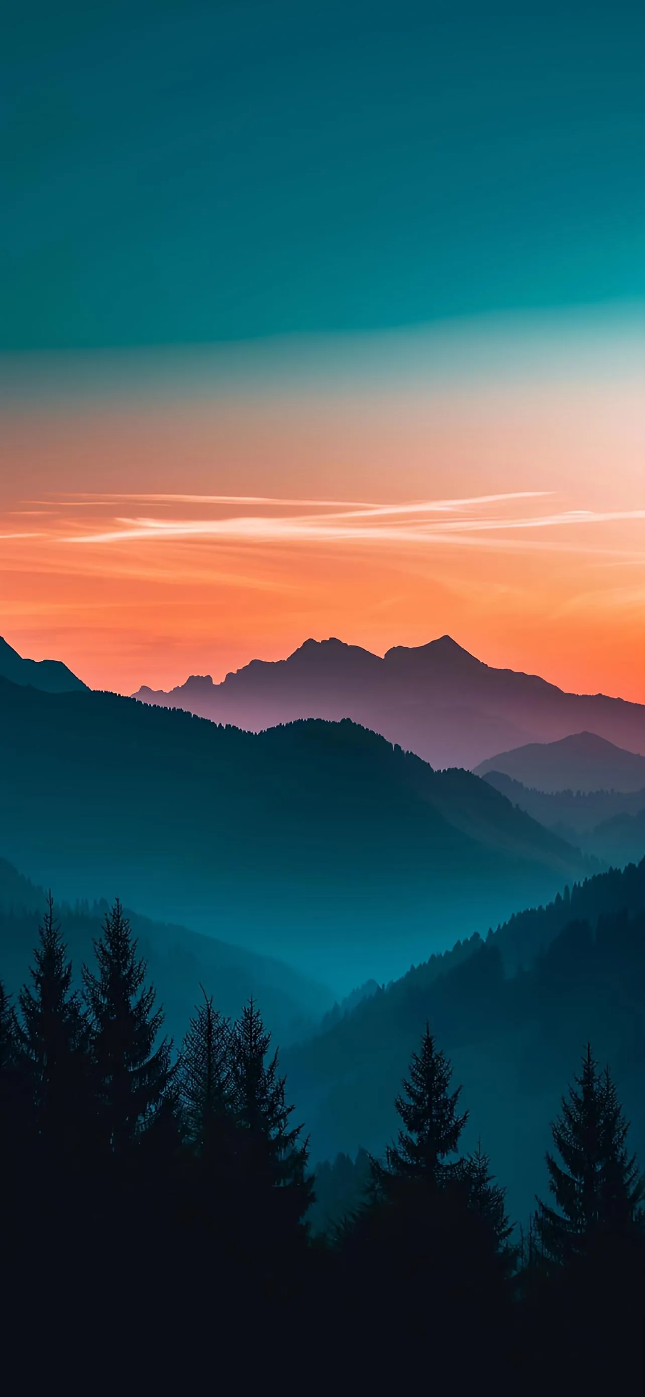Peaceful Mountain Sunset Landscape with Pine Trees Wallpaper