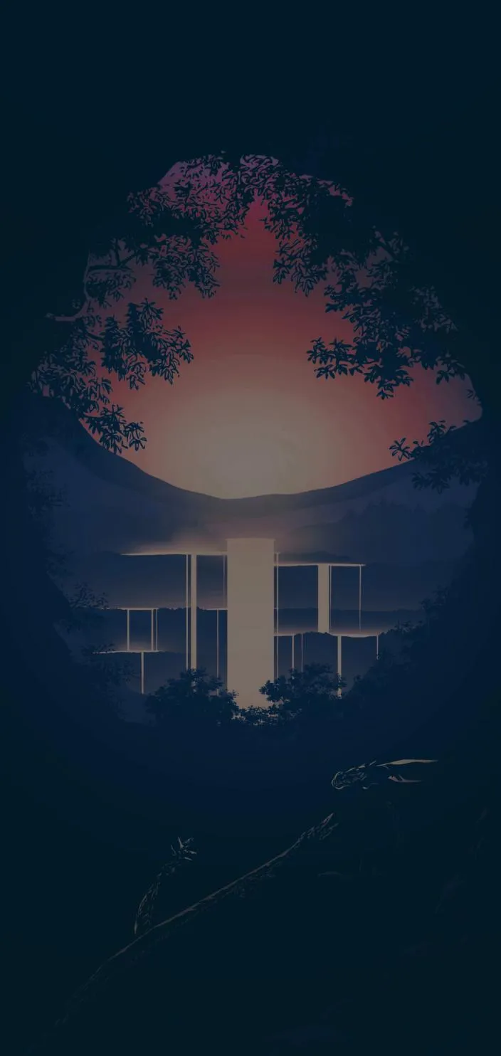 Peaceful Sunset View Through Forest with Modern Waterfall