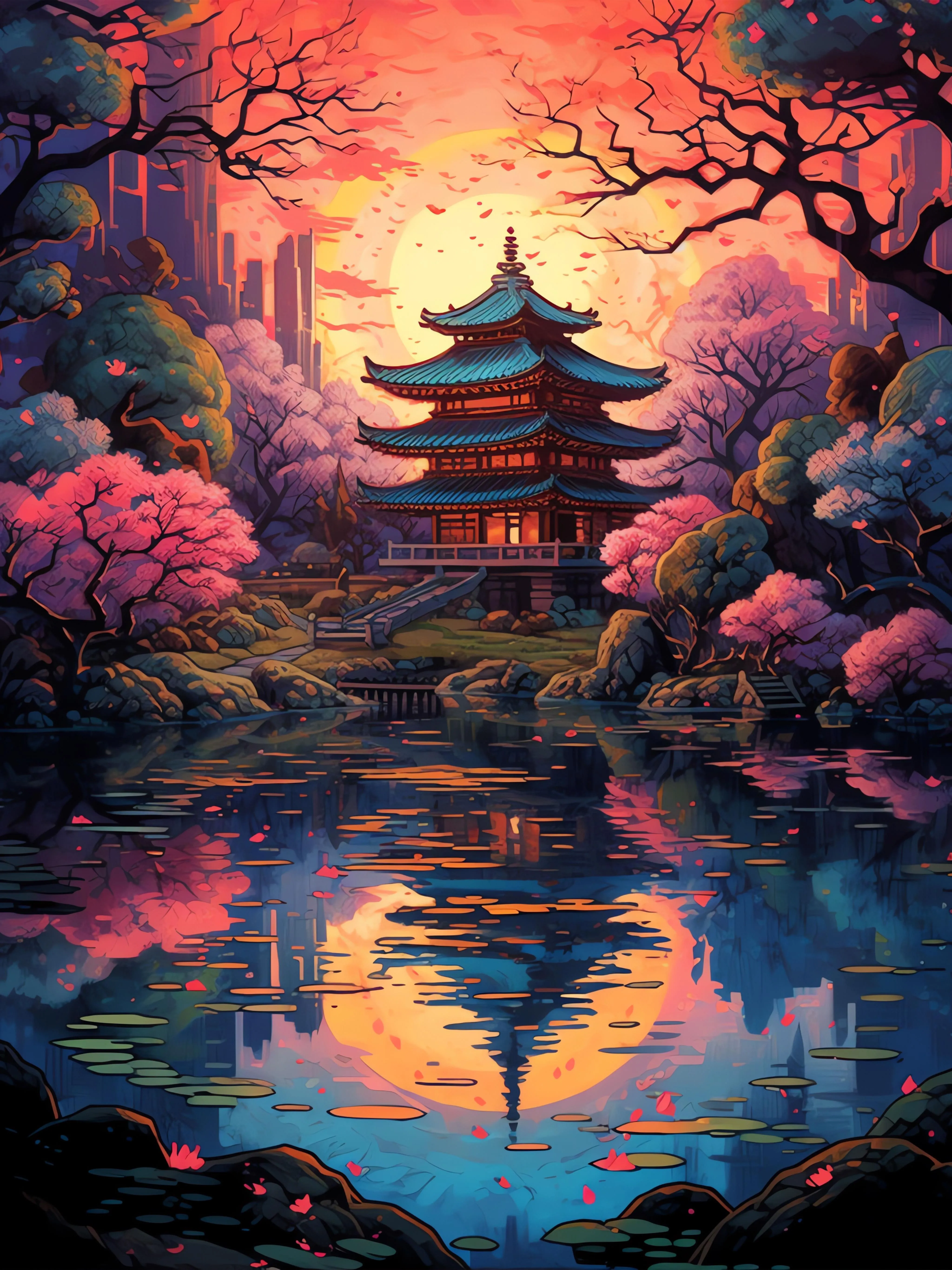 Peaceful Temple and Lake Surrounded by Pink Trees Image