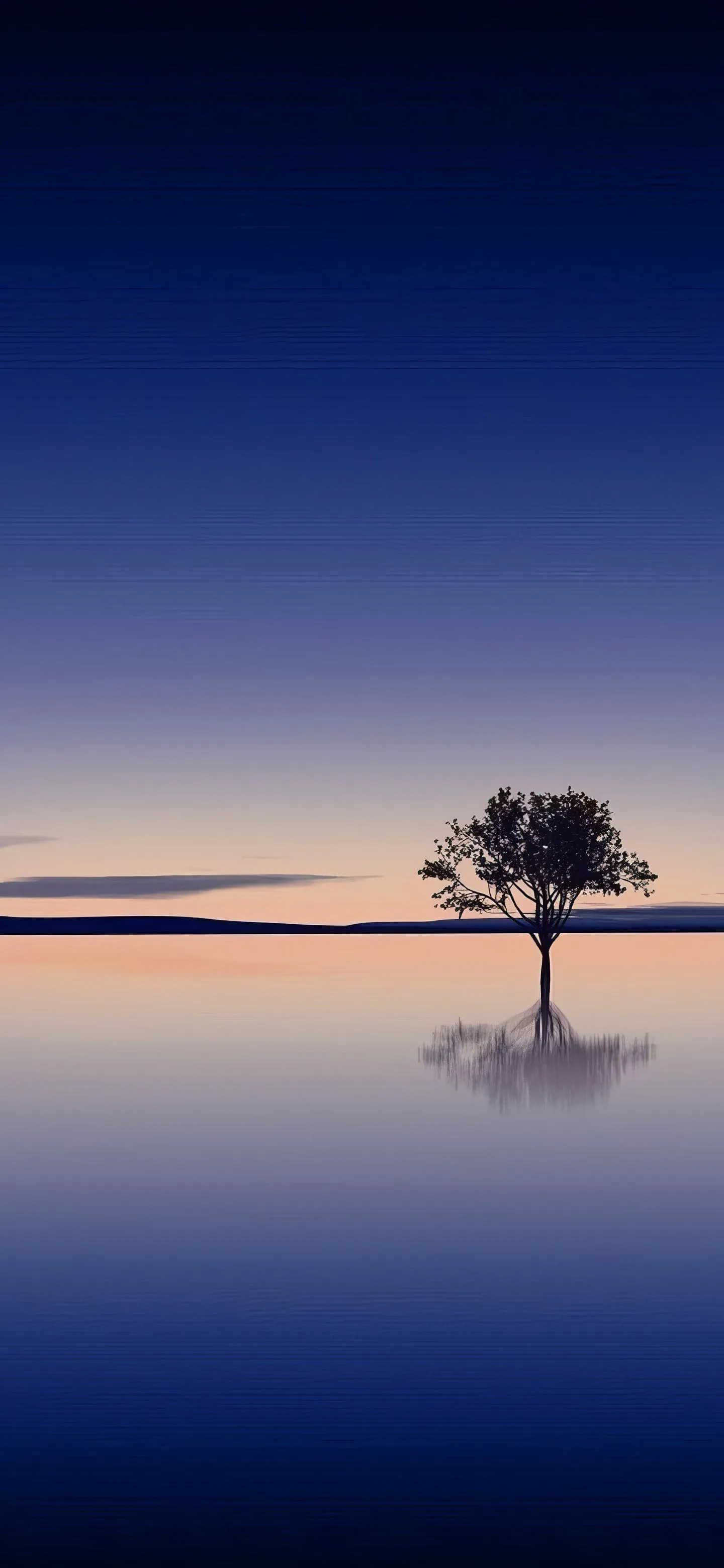 Peaceful Tree Reflection on Calm Sunset Water Wallpaper