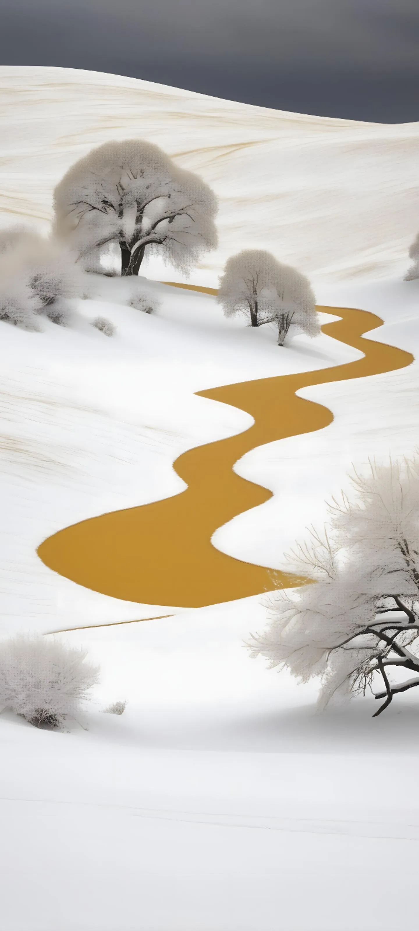 Peaceful Winter Landscape with Golden River Flow Wallpaper