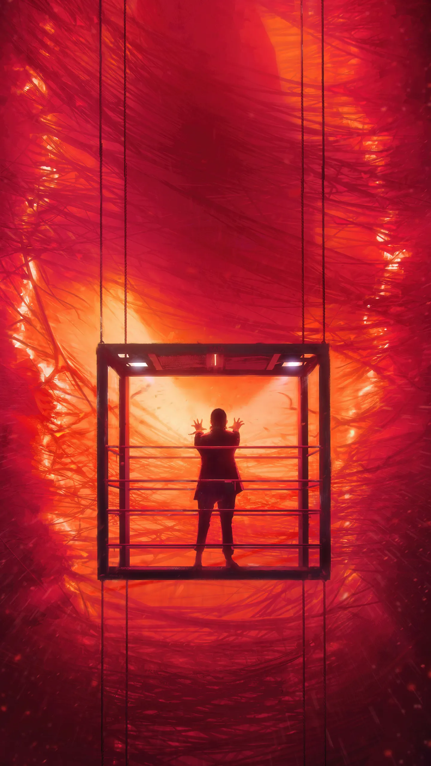 Person on Glass Cage with Intense Red Background HD