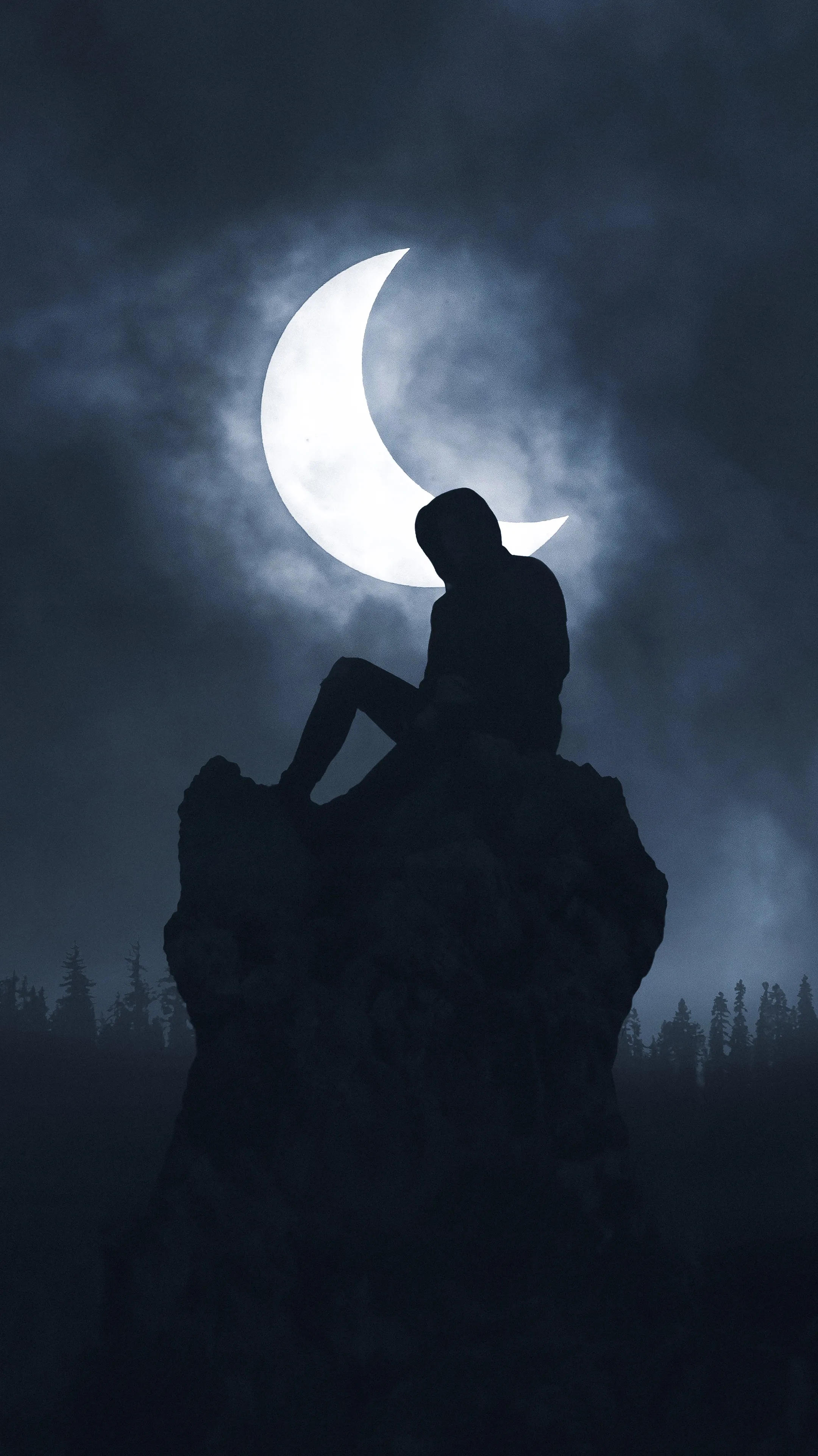 Person Sitting on Rock Under Full Moon Night Wallpaper