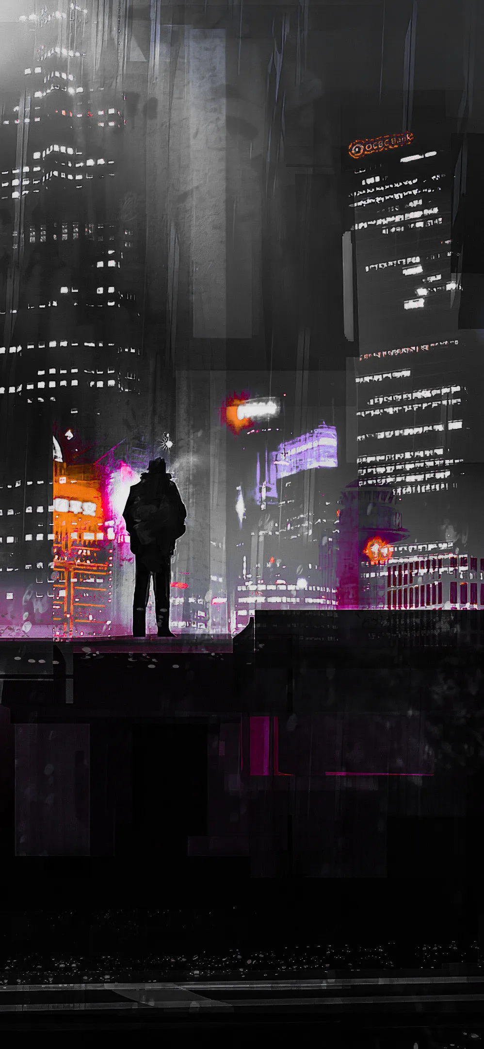 Person Standing in Rain with Neon Lit Skyscrapers Wallpaper