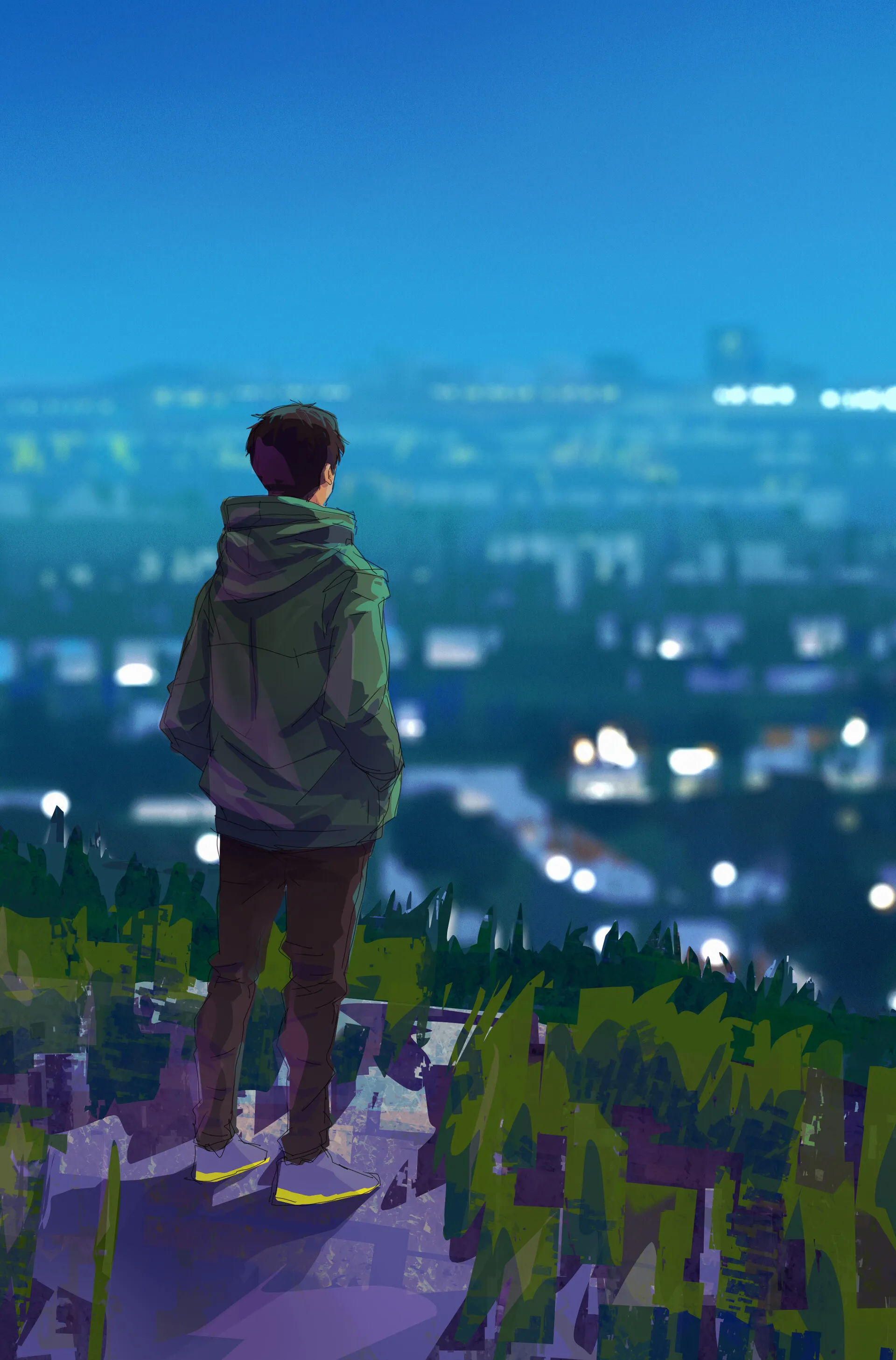 Person Standing on Cliff Looking at City Below Wallpaper