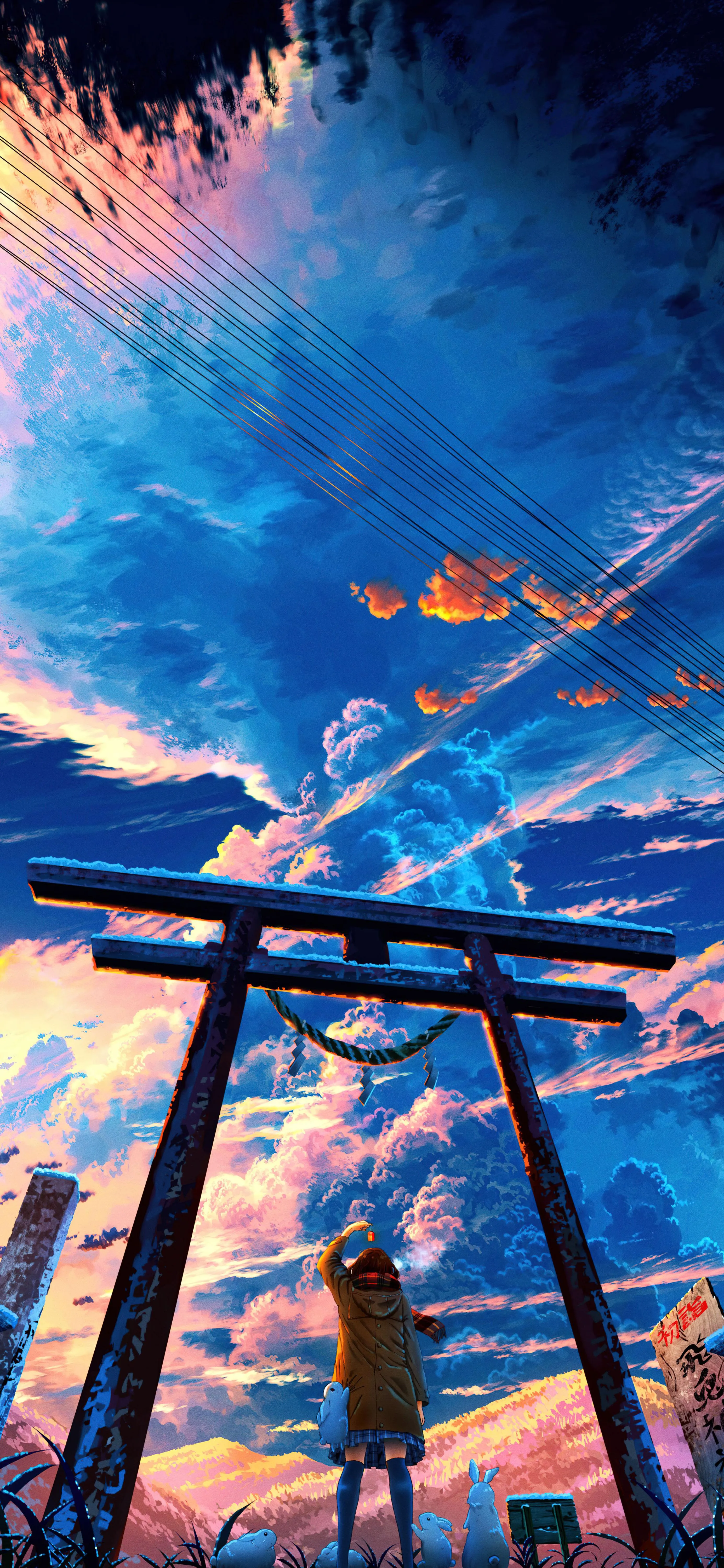 Person Standing Under Torii Gate with Colorful Sky Cartoon Pic