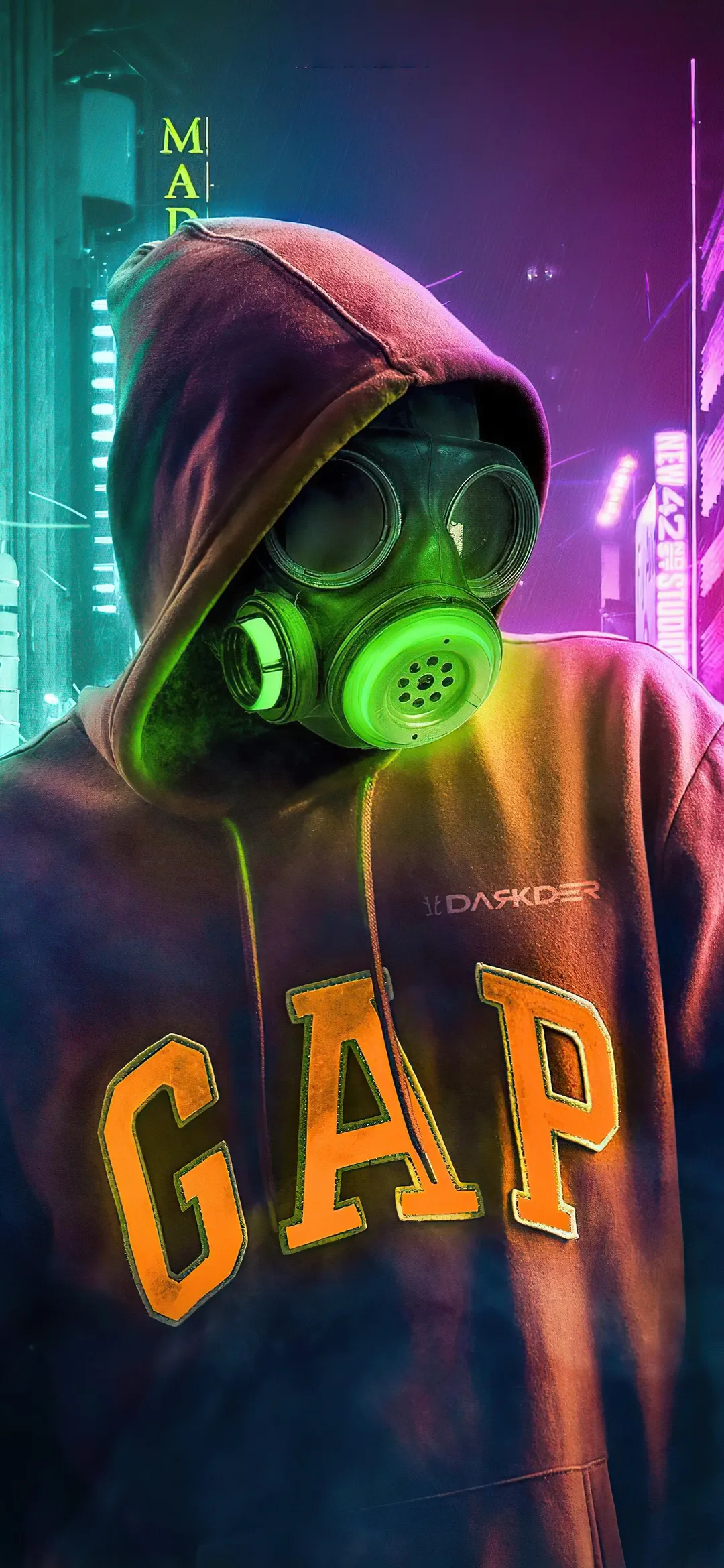 Person Wearing Hood with Gas Mask in Neon Light Wallpaper