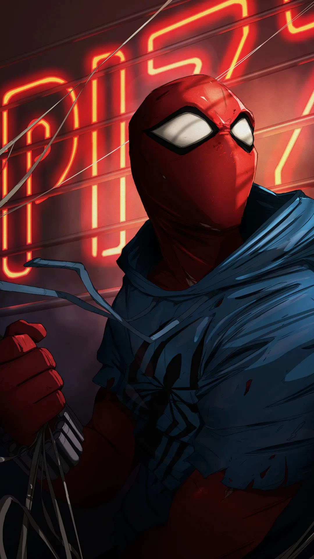 Person Wearing Red Mask and Hoodie in Urban Setting