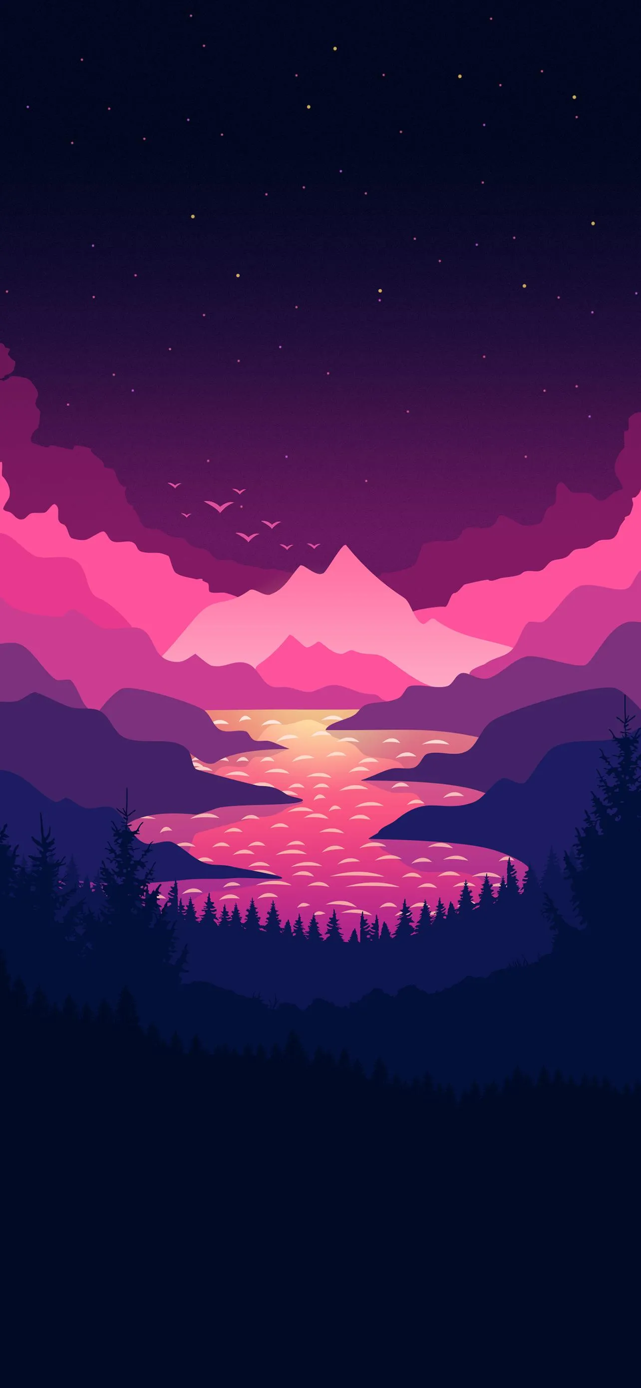 Pink and Purple Sunset Sky Over Calm Ocean Scene Wallpaper