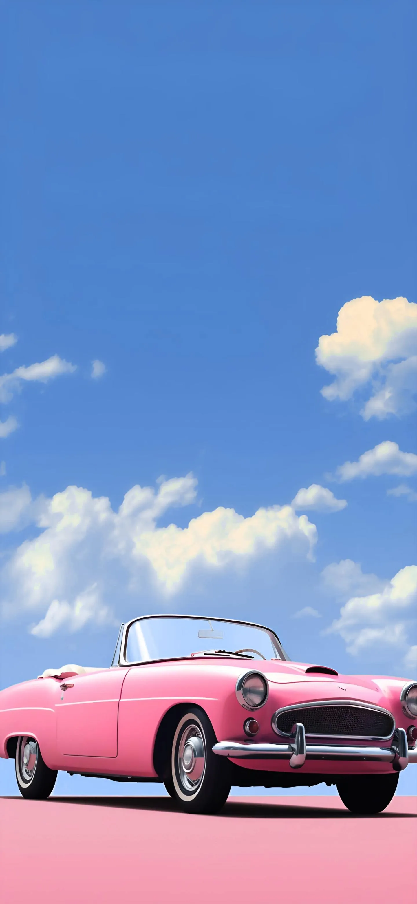 Pink Car Driving Under Bright Blue Summer Sky Scene