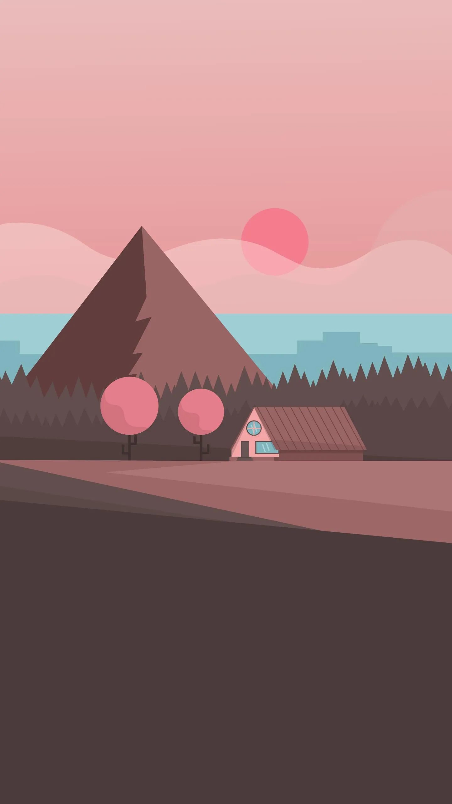 Pink Desert Landscape with Mountains and Sun Wallpaper