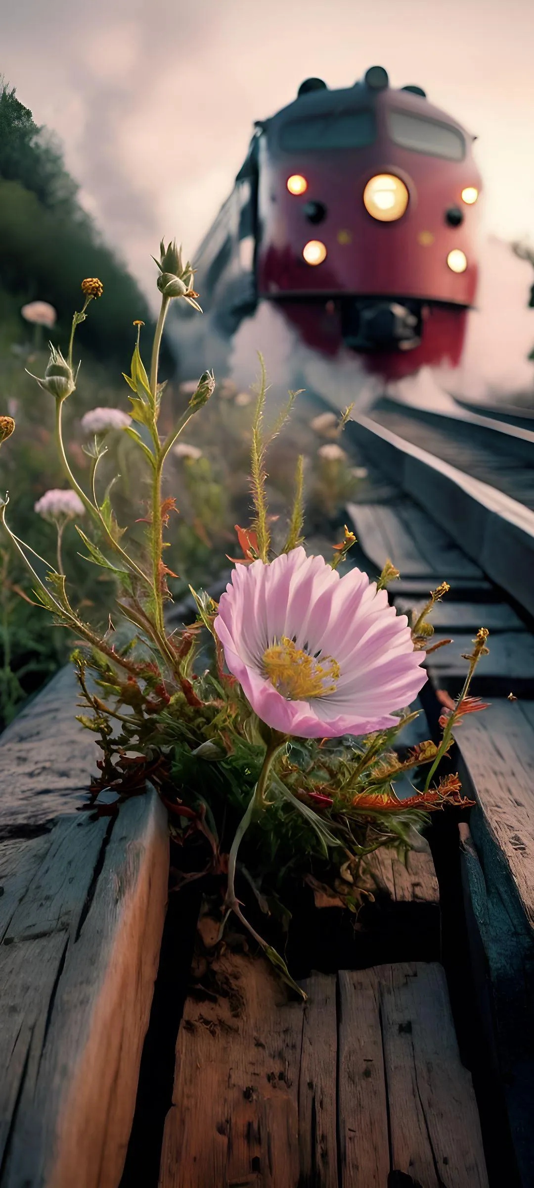 Pink Flower Growing by Railway as Train Approaches Fast