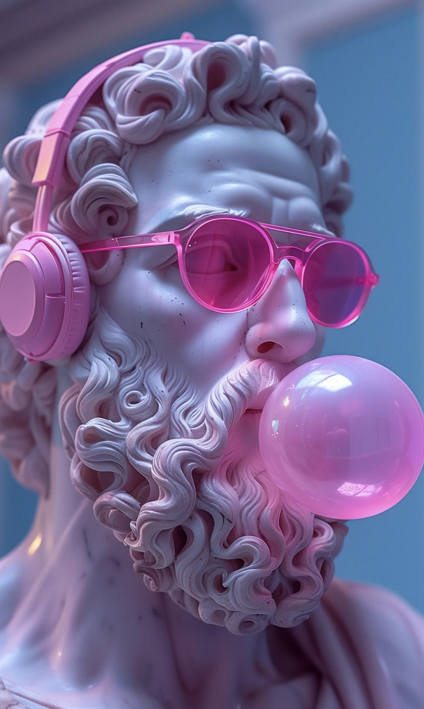 Pink Sunglasses and Bubble Gum on Statue with Headphones