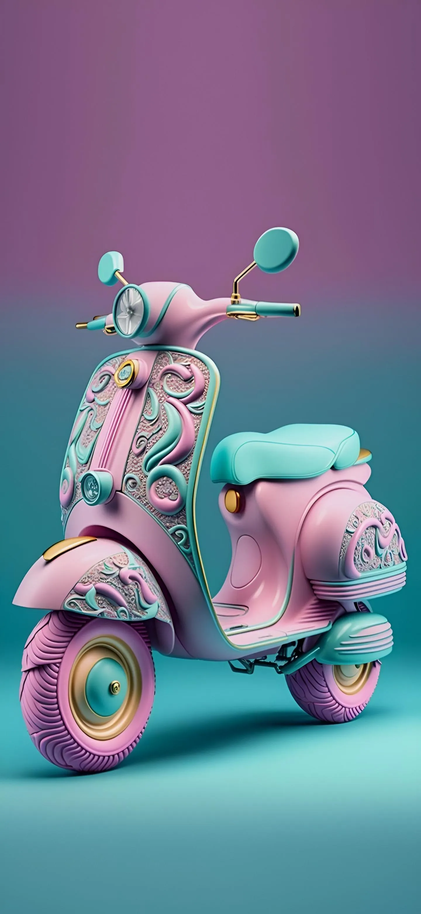 Pink Vintage Scooter With Basket On Pastel Purple Background