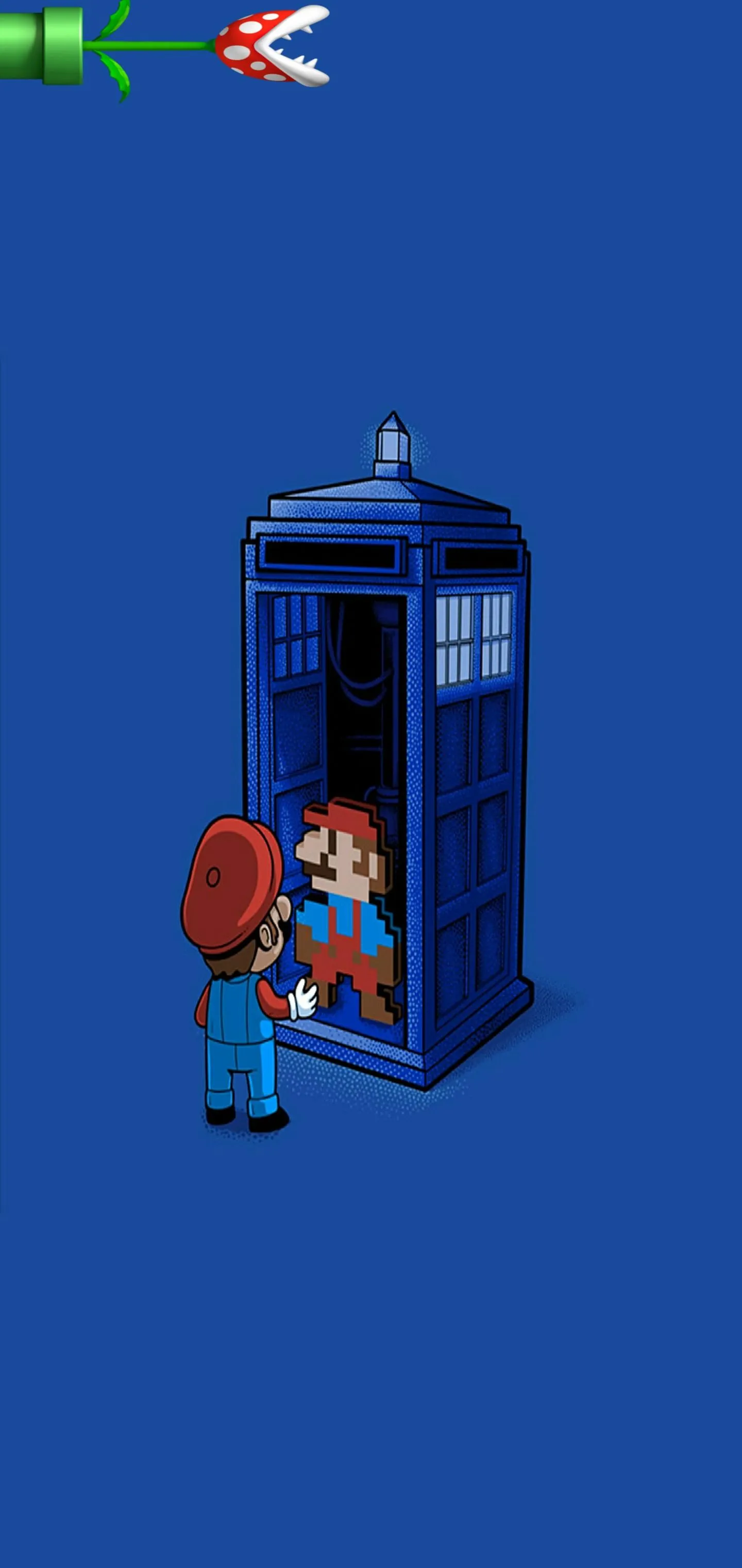 Pixel Art of Blue Phone Booth on Retro Background Wallpaper