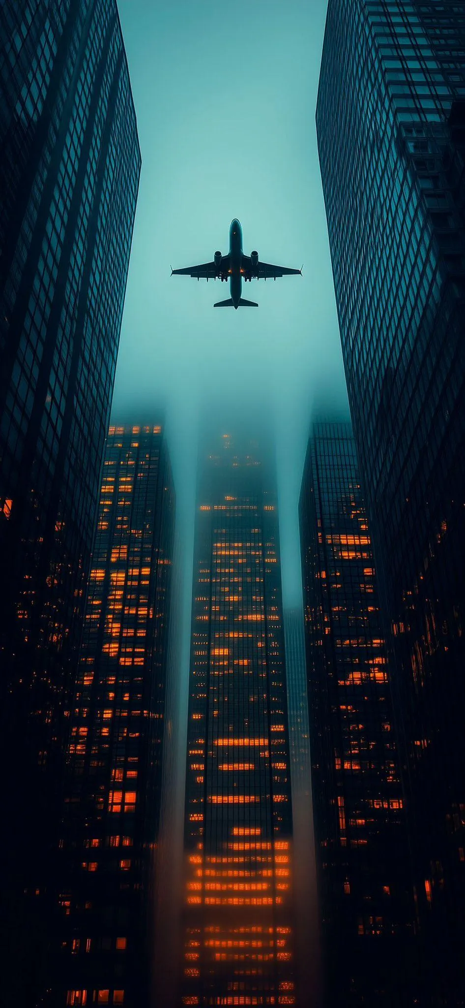 Plane Flying Over City Skyline at Sunset Hour Wallpaper