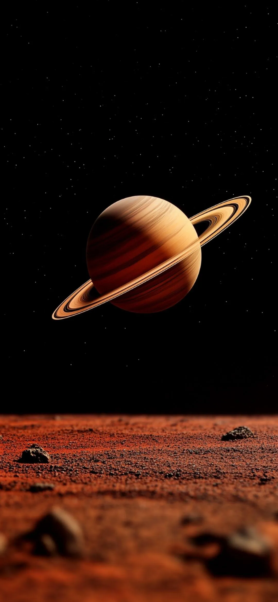 Planet Saturn Floating Over Red Rocky Surface Wallpaper