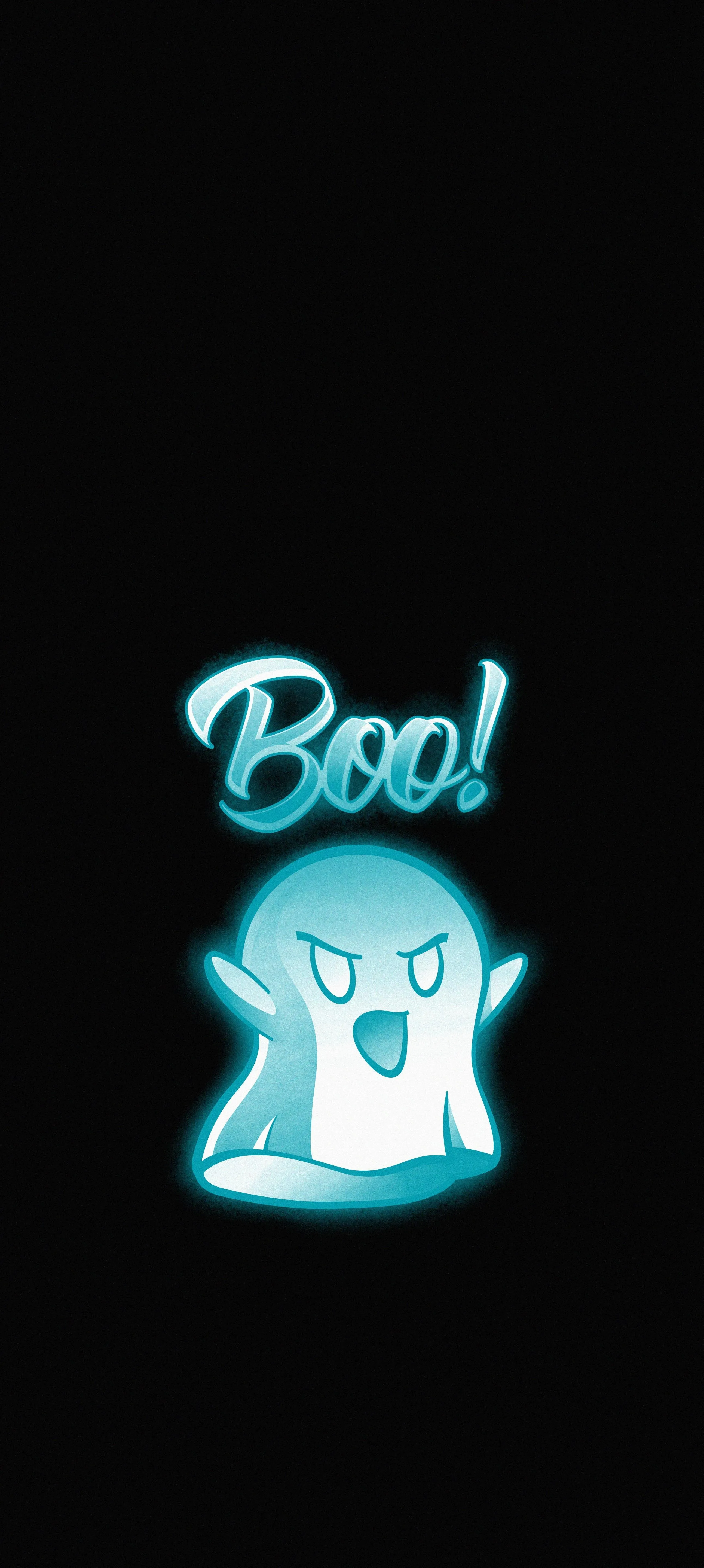 Playful Ghost Illustration Saying Boo on Black Background