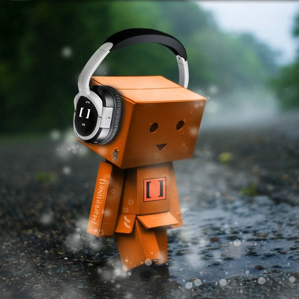 Playful Toy Figure Wearing Headphones on A Rainy Street