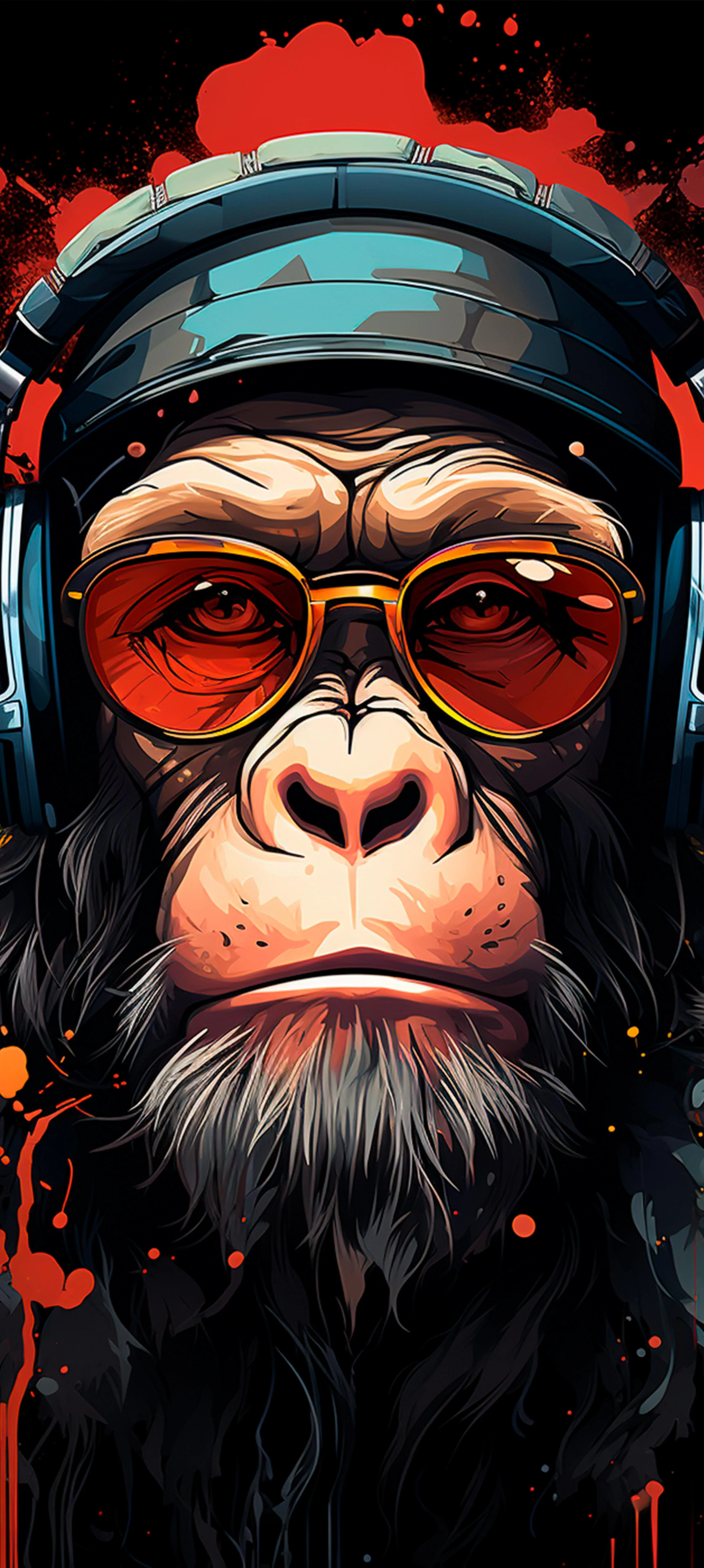Portrait of Stylish Chimpanzee with Headphones and Sunglasses