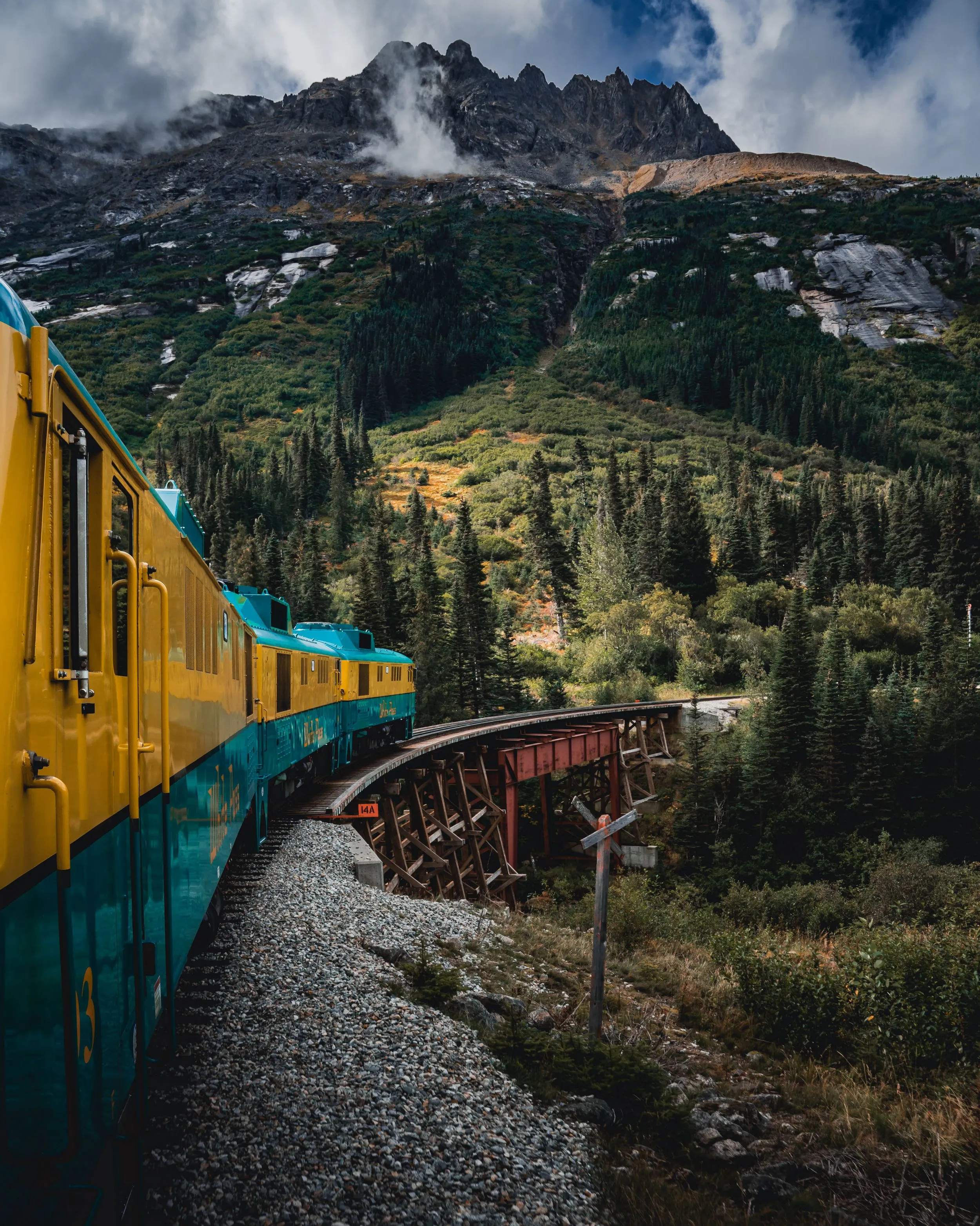Portrait of Train Passing Through Green Mountain Valley