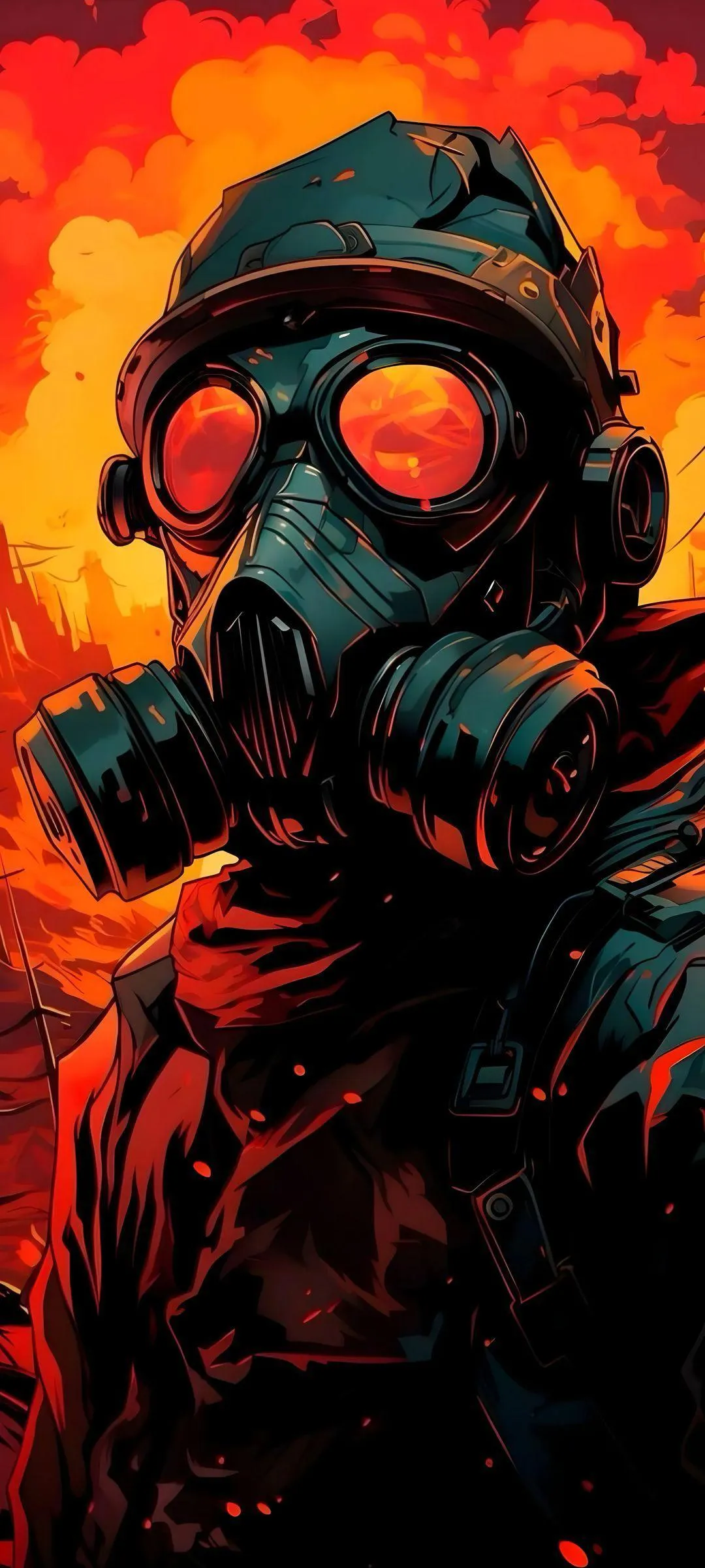 Post Apocalyptic Soldier in Mask Surrounded by Fire