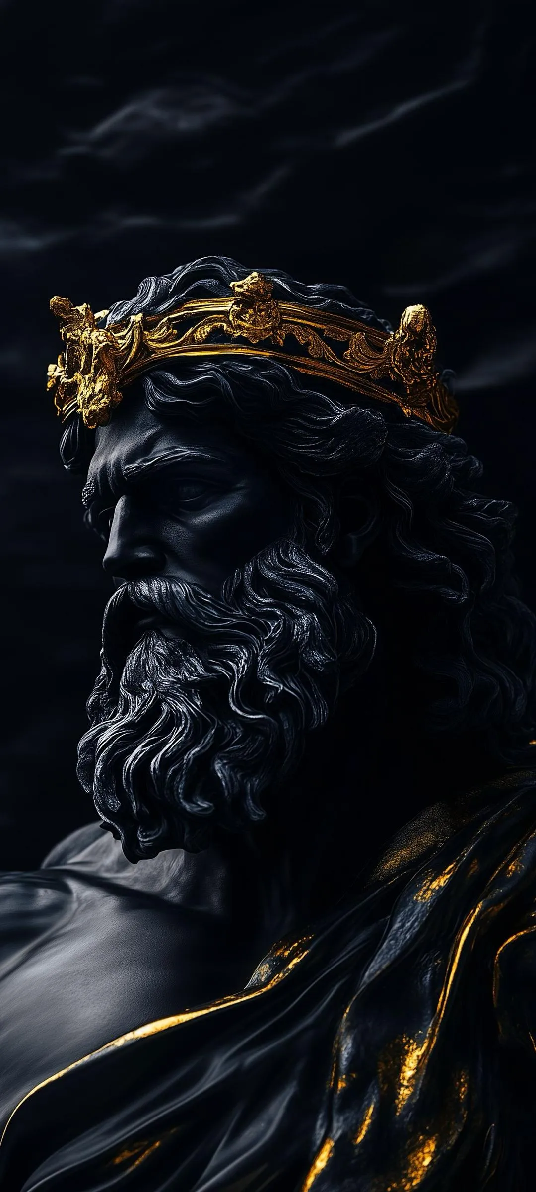 Powerful Greek God Statue with Glowing Gold Elements