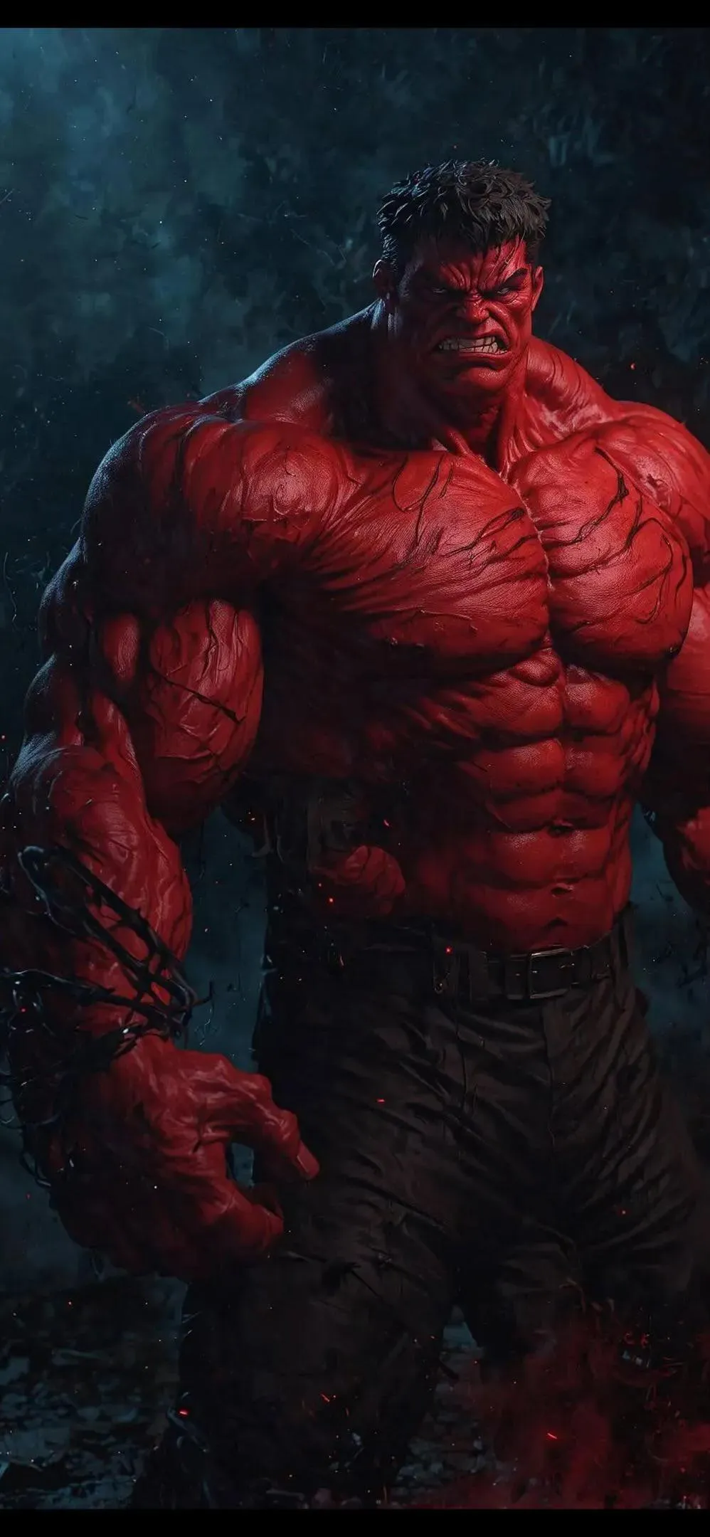 Powerful Red Demon Hulk Character in Fiery Darkness