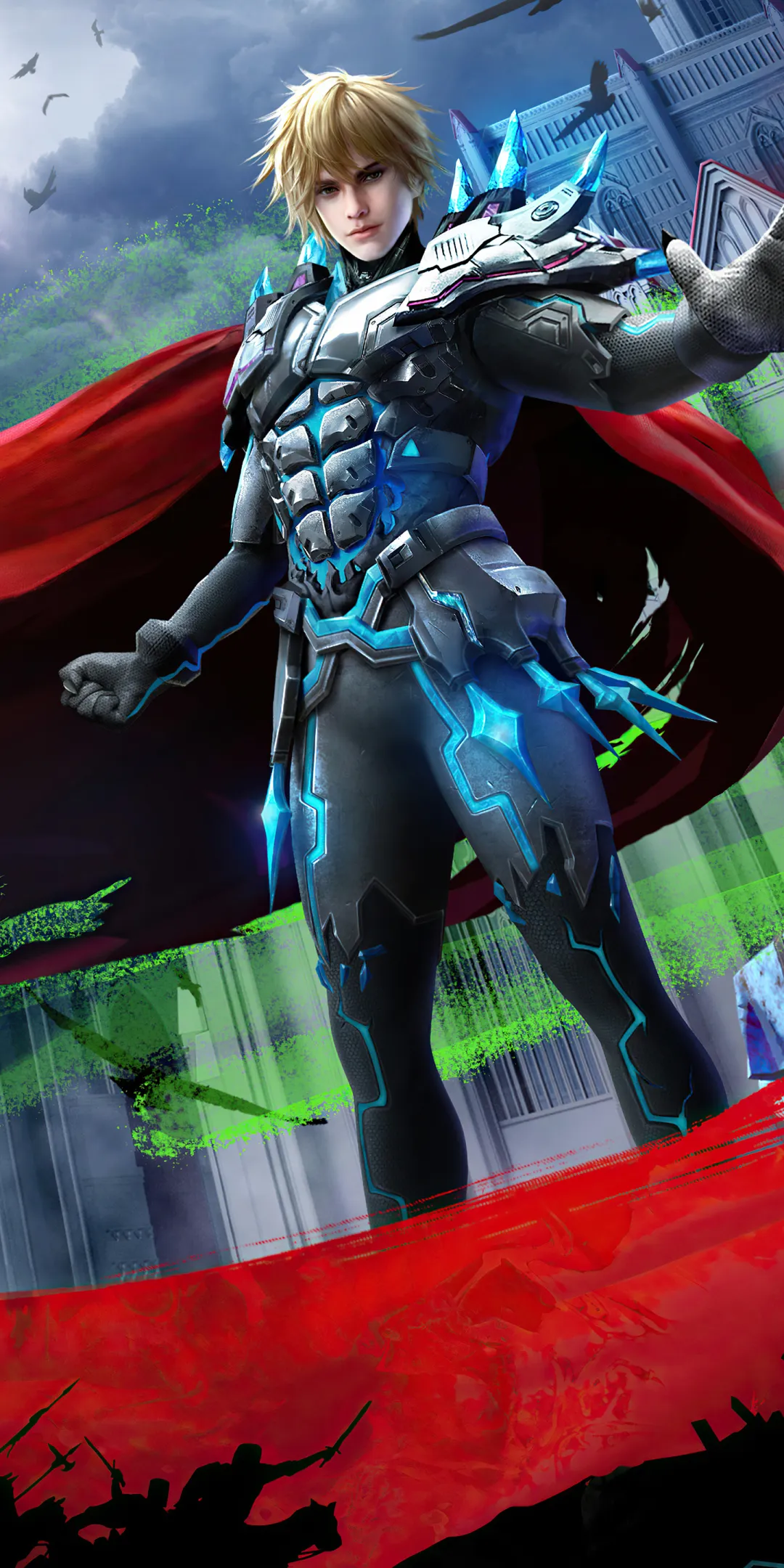 Powerful Superhero in Armor with Red Cape in Action