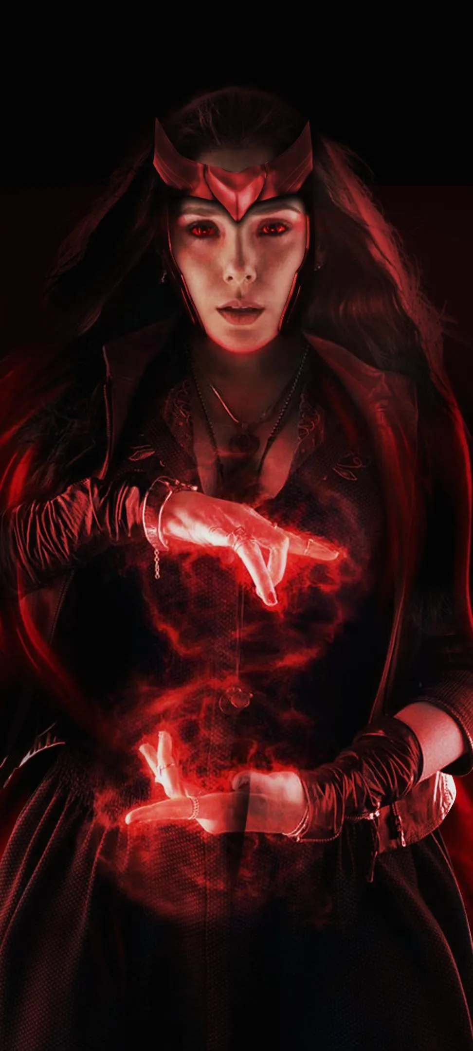Powerful Woman in Red Aura with Intense Expression