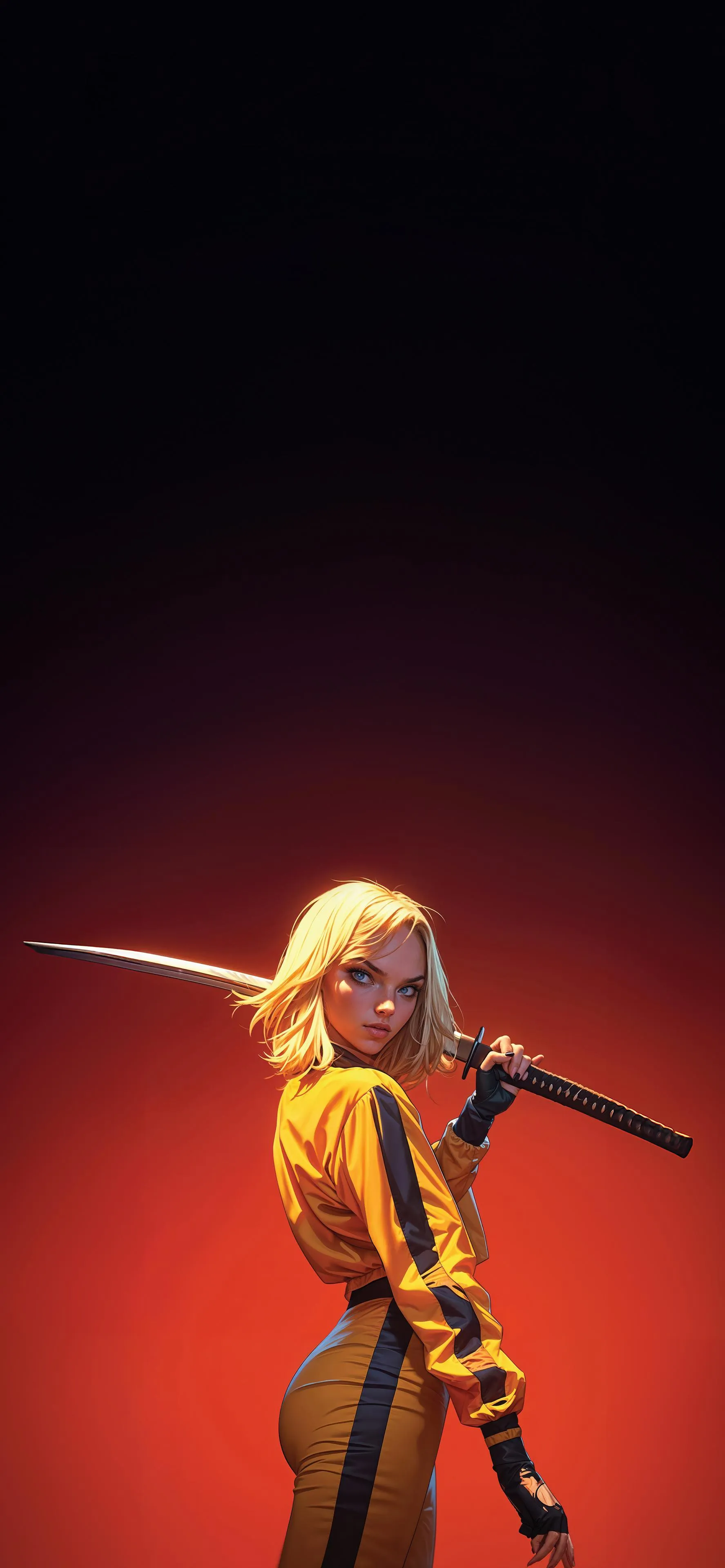 Powerful Woman in Yellow Outfit with Dramatic Lighting