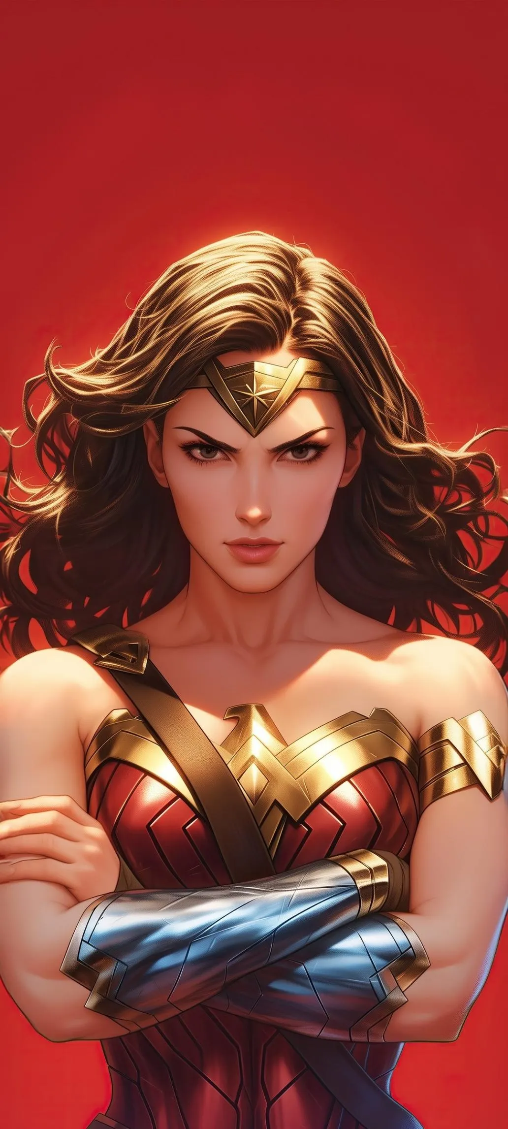 Powerful Wonder Woman Portrait with Red Background