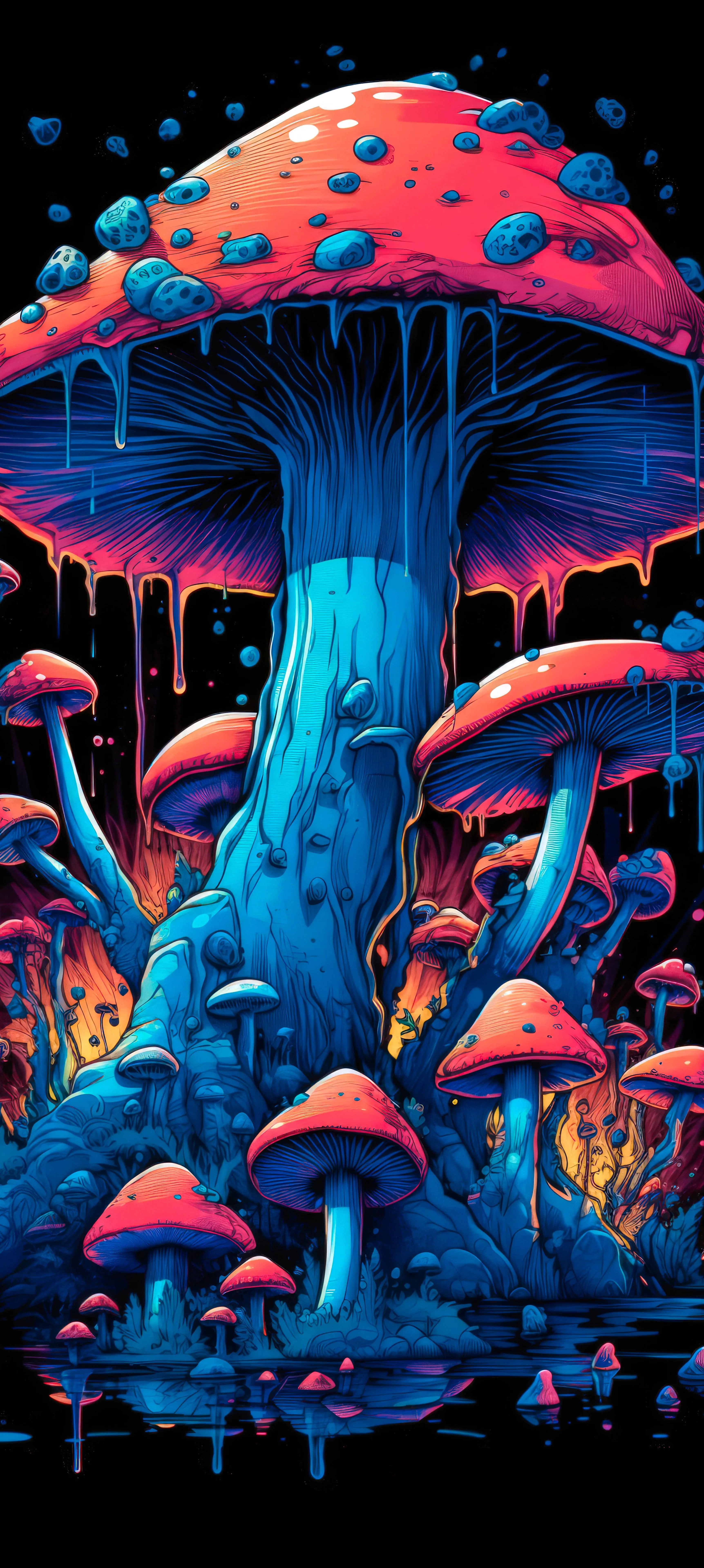 Psychedelic Mushrooms in a Fantasy Forest Scene Wallpaper