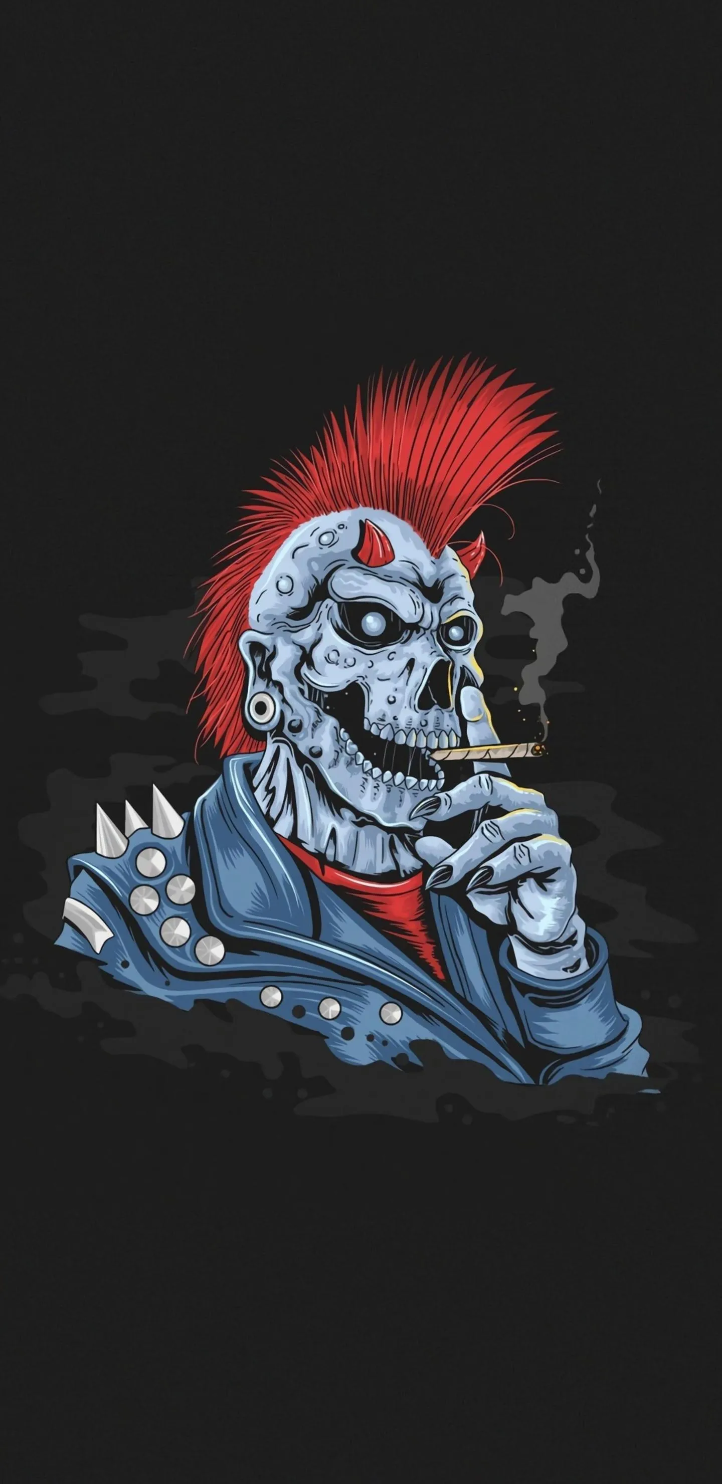 Punk Skull with Red Mohawk Smoking in Leather Jacket