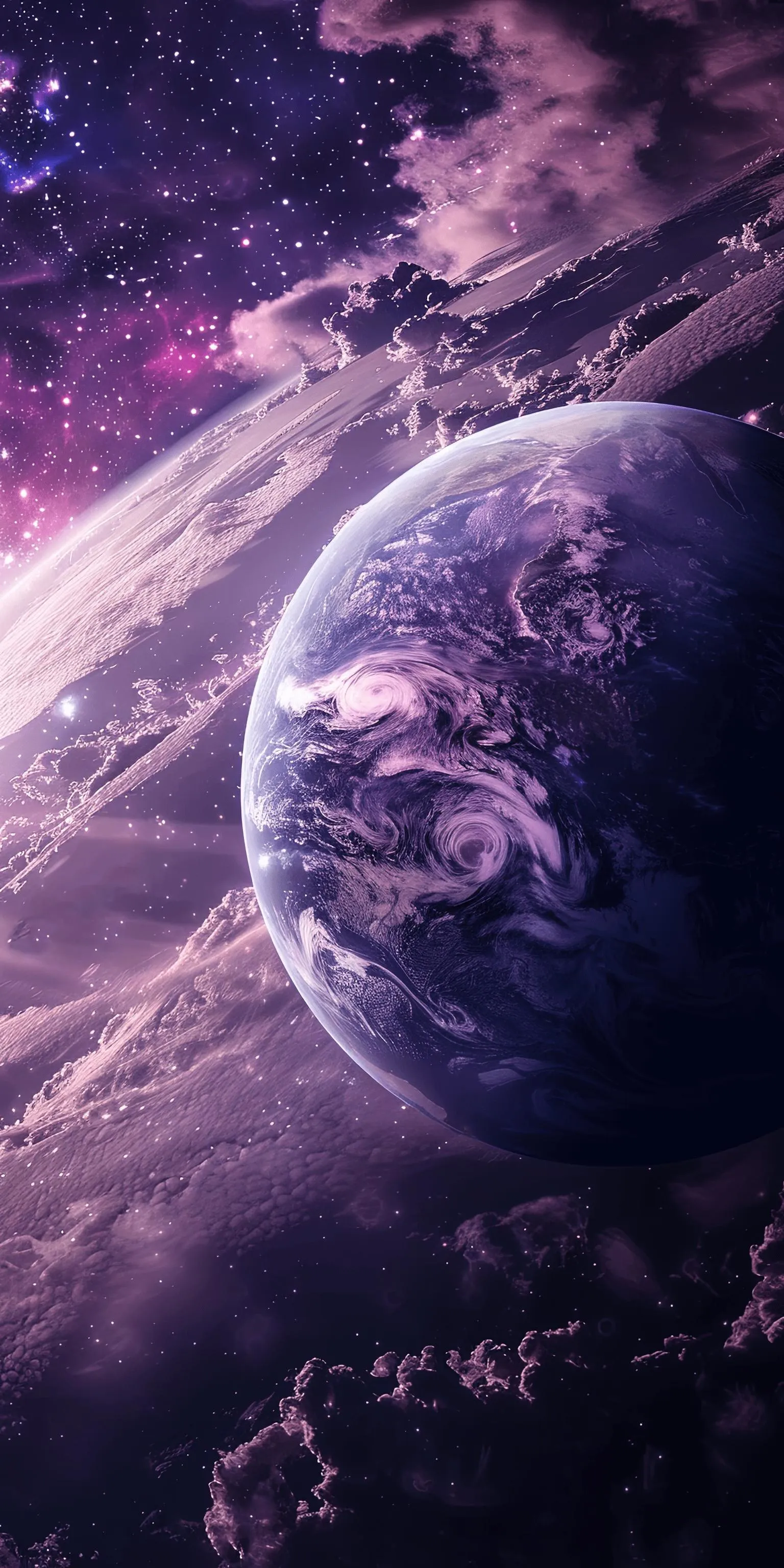 Purple Galaxy with Planet Floating in Outer Space Wallpaper