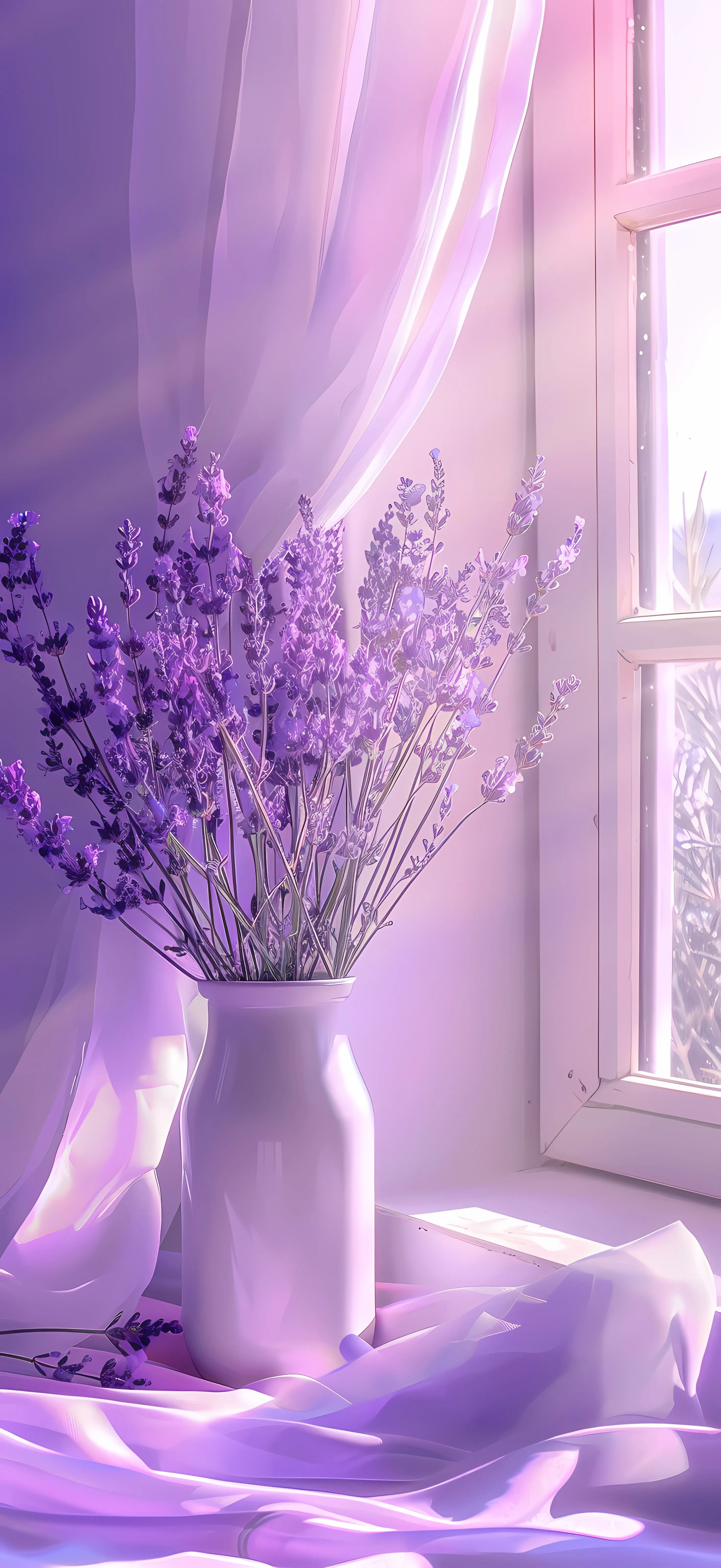 Purple Lavender Vase on Window Ledge with Sunlight Wallpaper