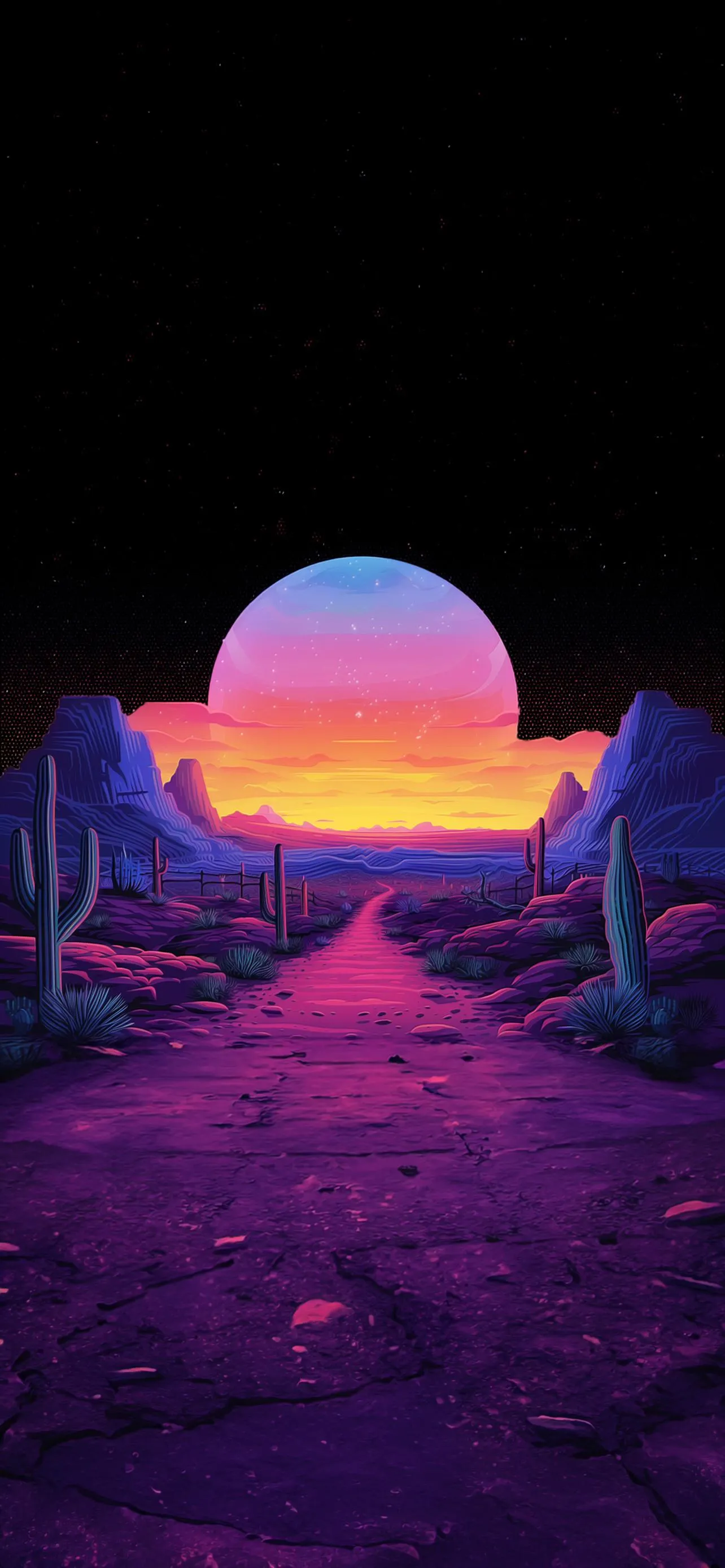 Purple Sci Fi Desert with Alien Planet and Sun Wallpaper