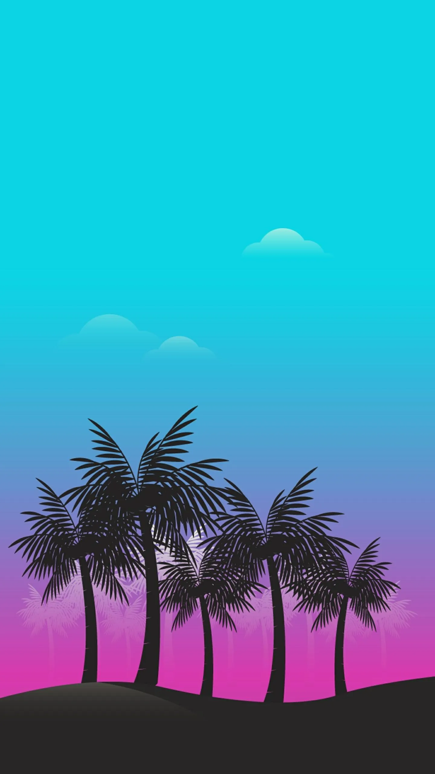 Purple Sunset Beach with Palm Trees Silhouette Scene