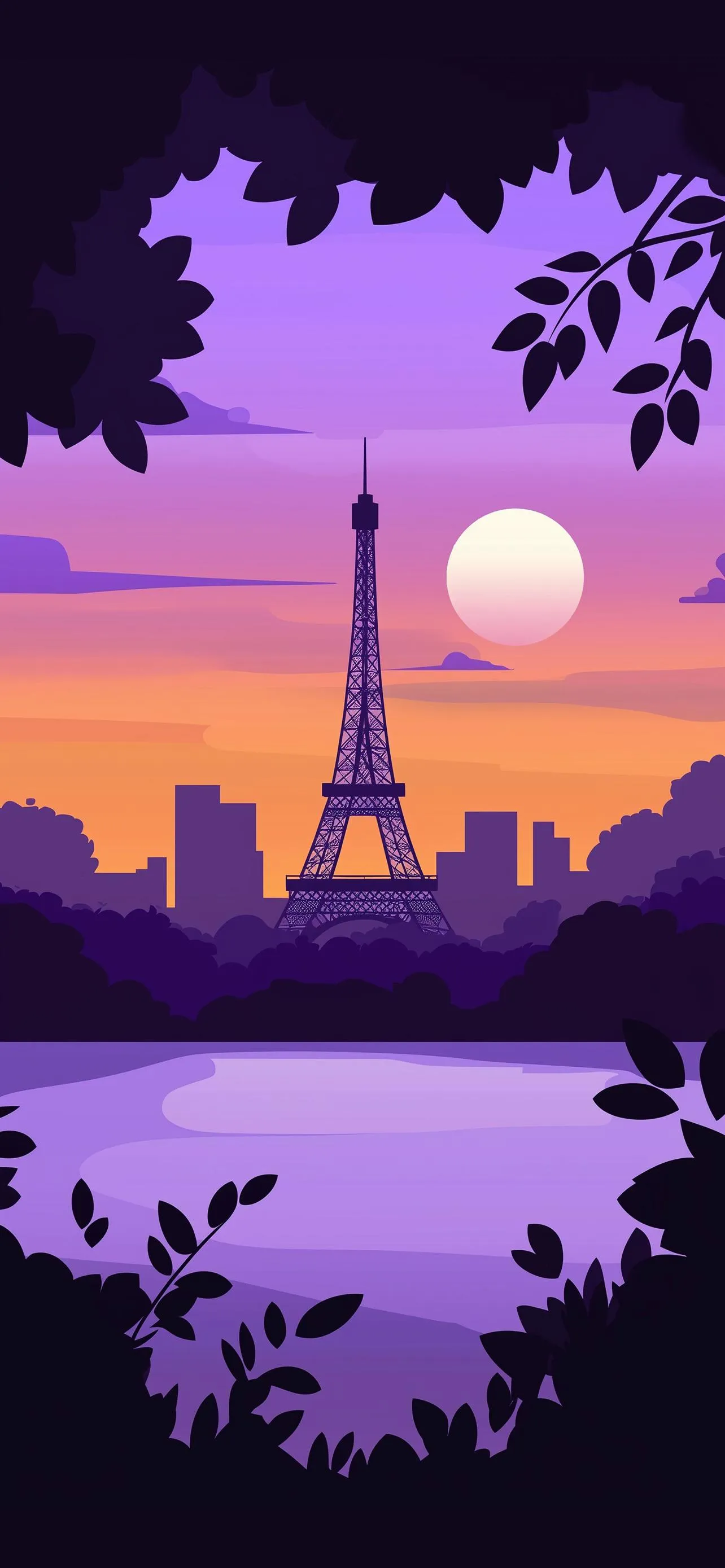 Purple Sunset Cityscape with Trees and Tower Silhouette