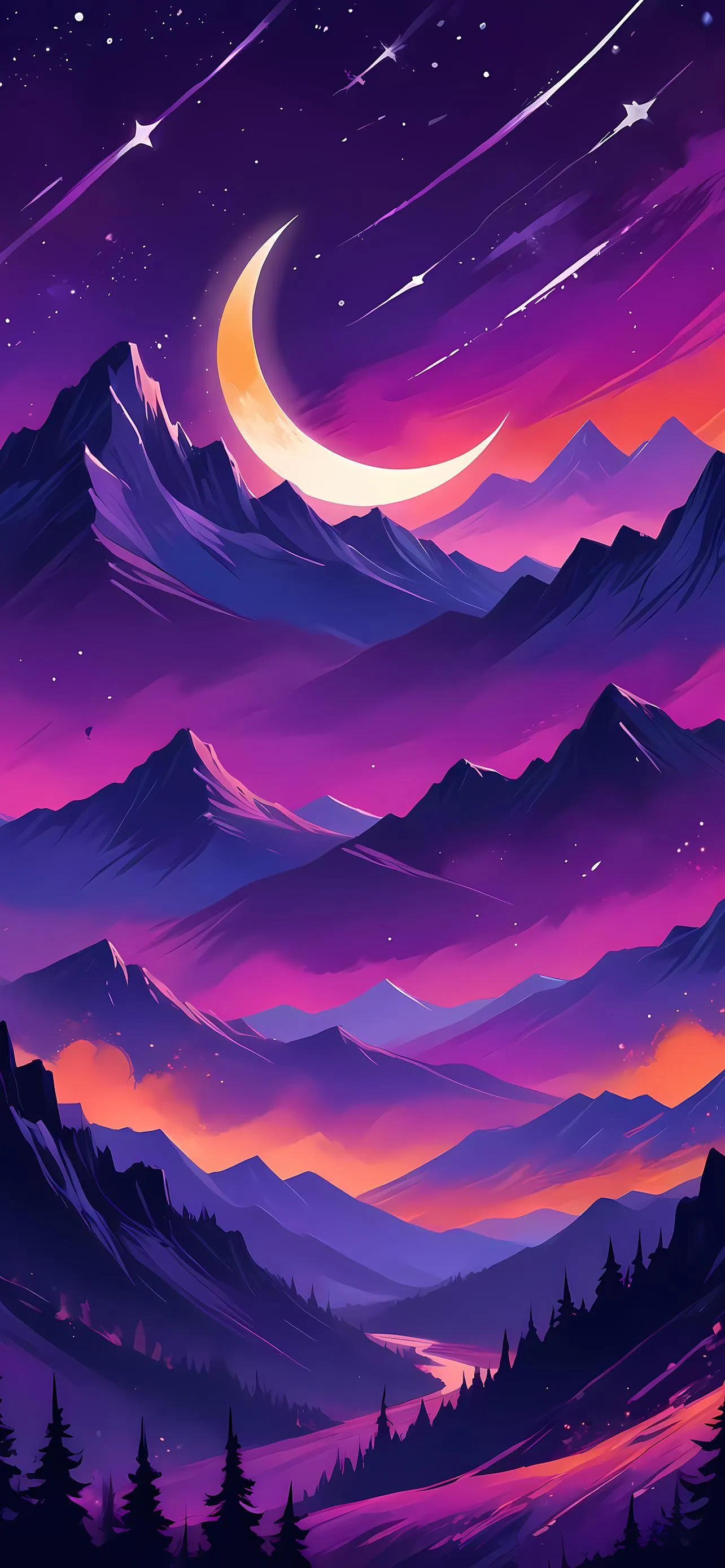Purple Sunset Over Clouds with Crescent Moon Art Wallpaper