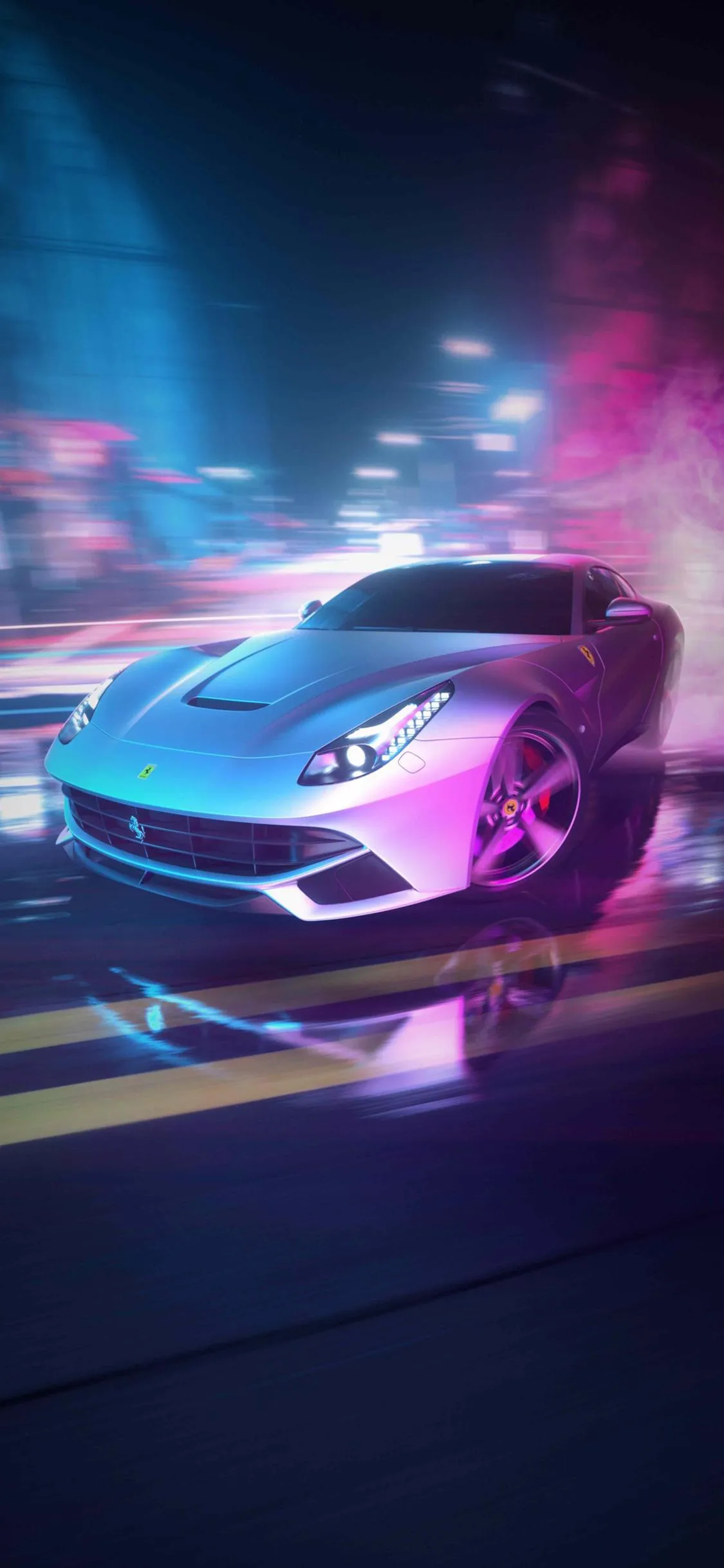 Purple Supercar Driving Fast on Neon City Streets Wallpaper